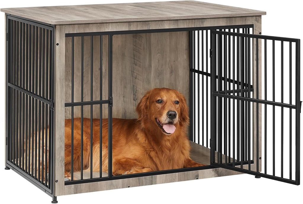 Feandrea 43.3' Dog Crate Furniture, Heavy-Duty Dog Cage Side End Table, XL Pet Wood Kennel for Large and Medium Dogs up to 80 lb with Enclosed Base, Double-Door Pet House, Greige