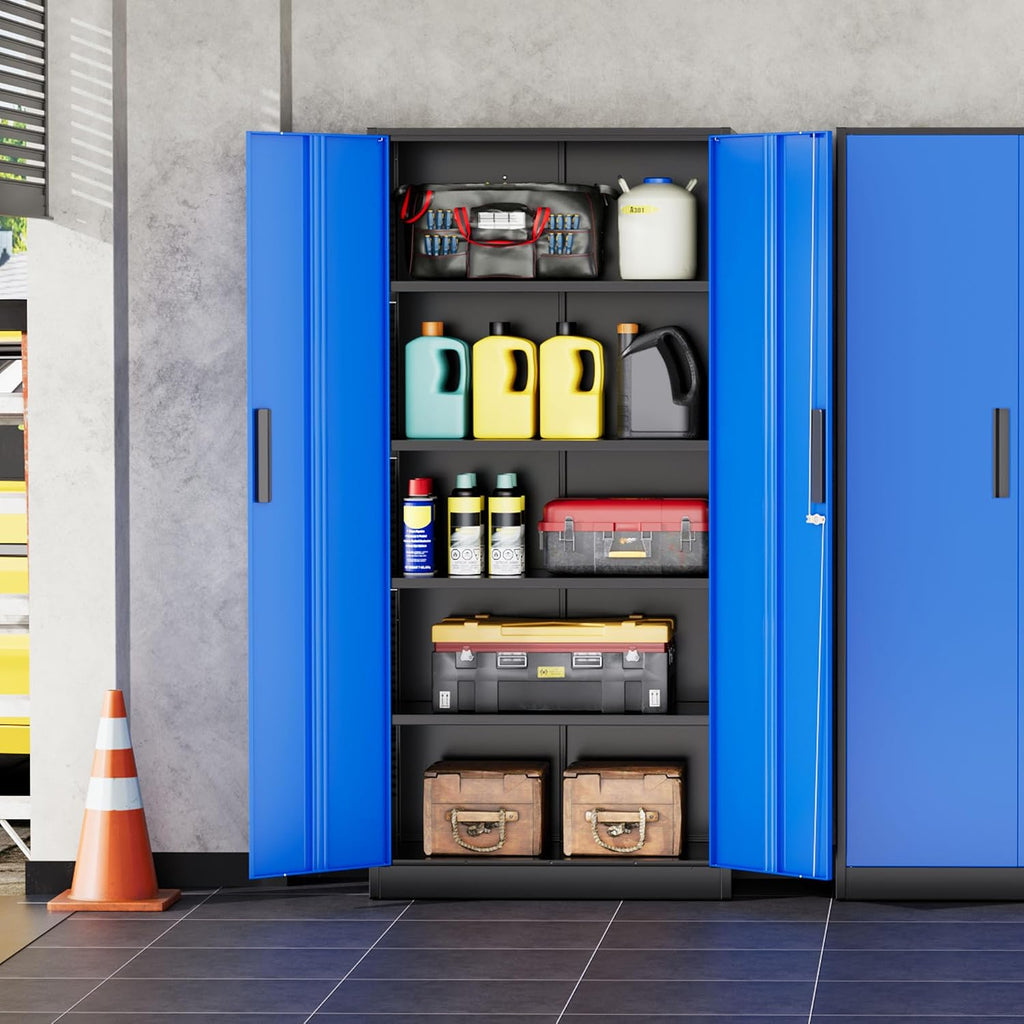 INTERGREAT Storage Cabinet with Doors and Shelves, Metal Garage Storage Cabinets with Lock, Black Lockable Steel Supply Cabinet for Home Office, Warehouse (Black Blue)