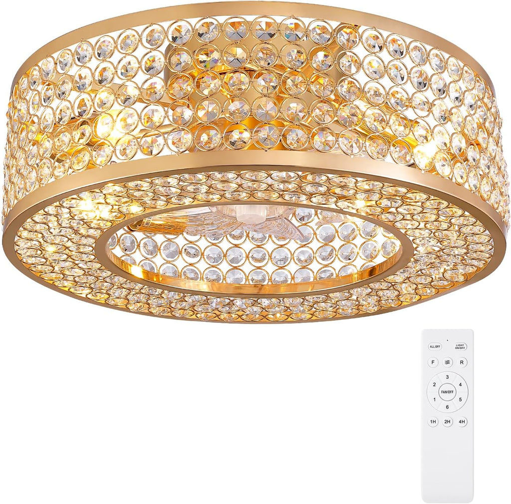 20' Caged Crystal Ceiling Fan with Lights Flush Mount Gold Fandelier Low Profile Chandelier Fan Enclosed Ceiling Fan Light Fixtures with Reversible Motor for Bedroom Kitchen Living Room
