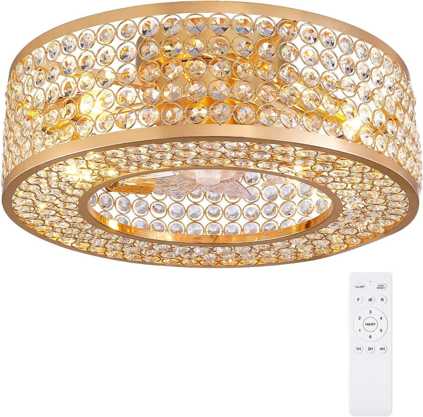 20' Caged Crystal Ceiling Fan with Lights Flush Mount Gold Fandelier Low Profile Chandelier Fan Enclosed Ceiling Fan Light Fixtures with Reversible Motor for Bedroom Kitchen Living Room