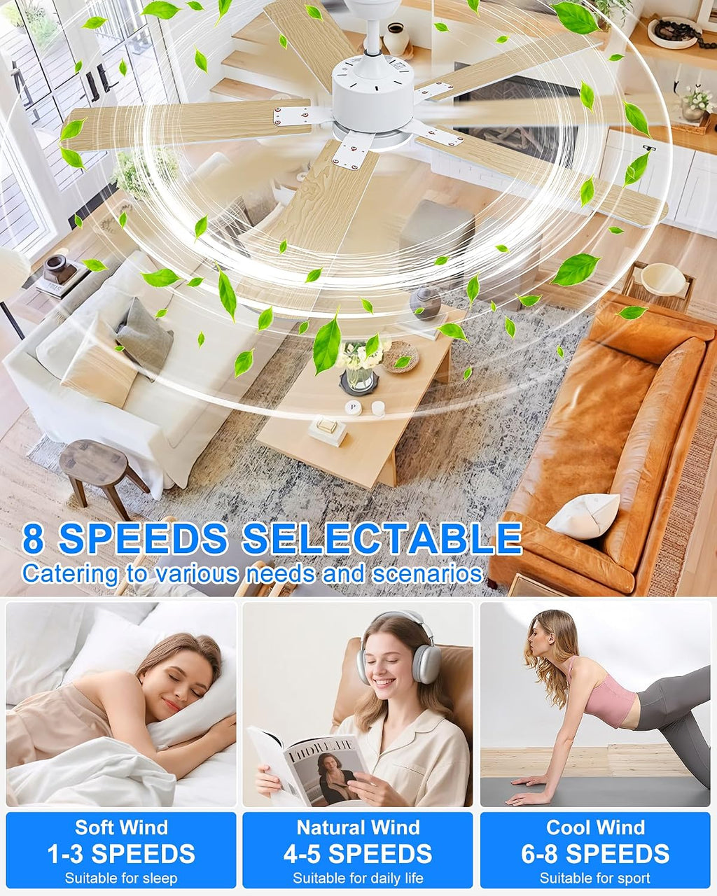 Coolwind 56 Inch White Bedroom Ceiling Fan with Display Remote/APP Control, Quiet Ceiling Fan with Light with 8 Speeds & 3CCT, Dimmable, Timer, DC Reversible Motor for Indoor/Ourdoor