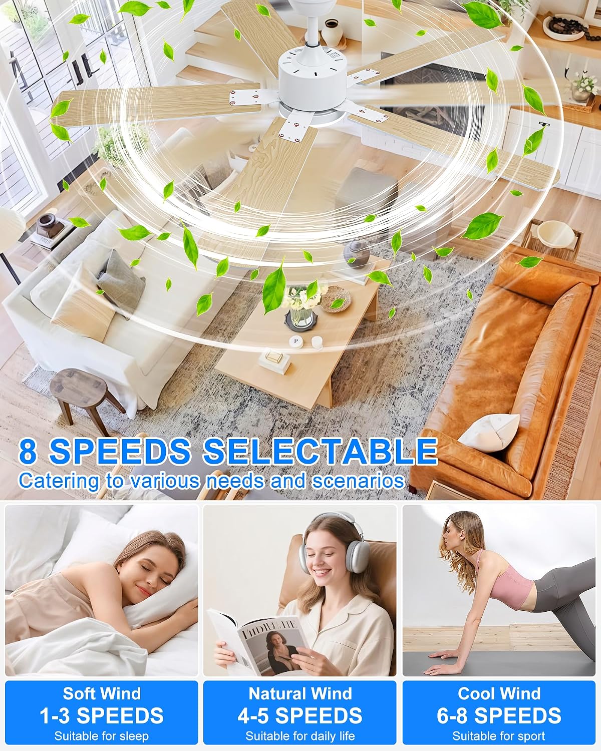 Coolwind 56 Inch White Bedroom Ceiling Fan with Display Remote/APP Control, Quiet Ceiling Fan with Light with 8 Speeds & 3CCT, Dimmable, Timer, DC Reversible Motor for Indoor/Ourdoor