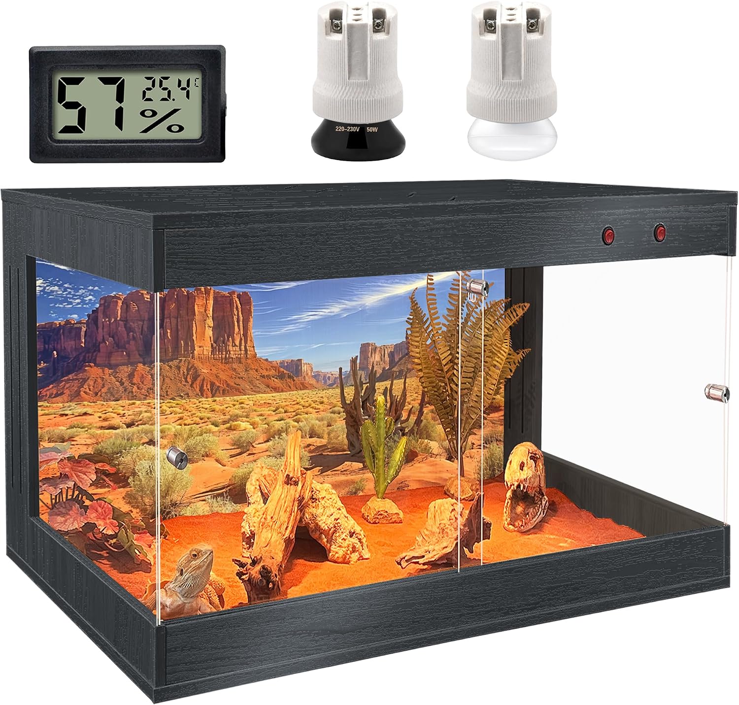 ROYXEN Reptile Tank, 30 Gallons Reptile Enclosure with Lockable Design, Tempered Glass Bearded Dragon Tank for Lizard Habitat, Soild Wood Built-in Sockets (Black, 24'x16'x15.5')