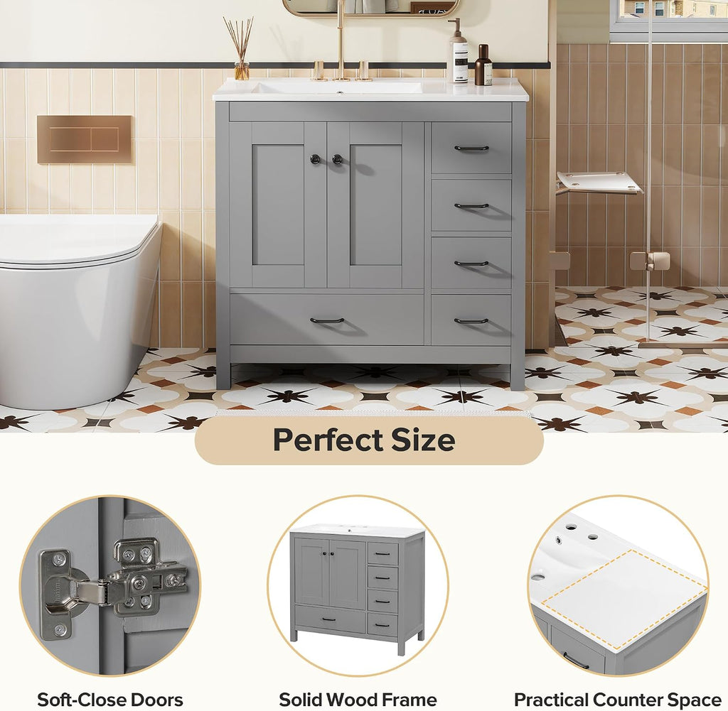 LUMISOL 36 Inch Bathroom Vanity with Sink, Freestanding Bathroom Cabinet with Ceramic Sink, Modern Single Vanity with Soft Close Doors & Drawers for Guest Bath, Master Suite, Rental, Grey