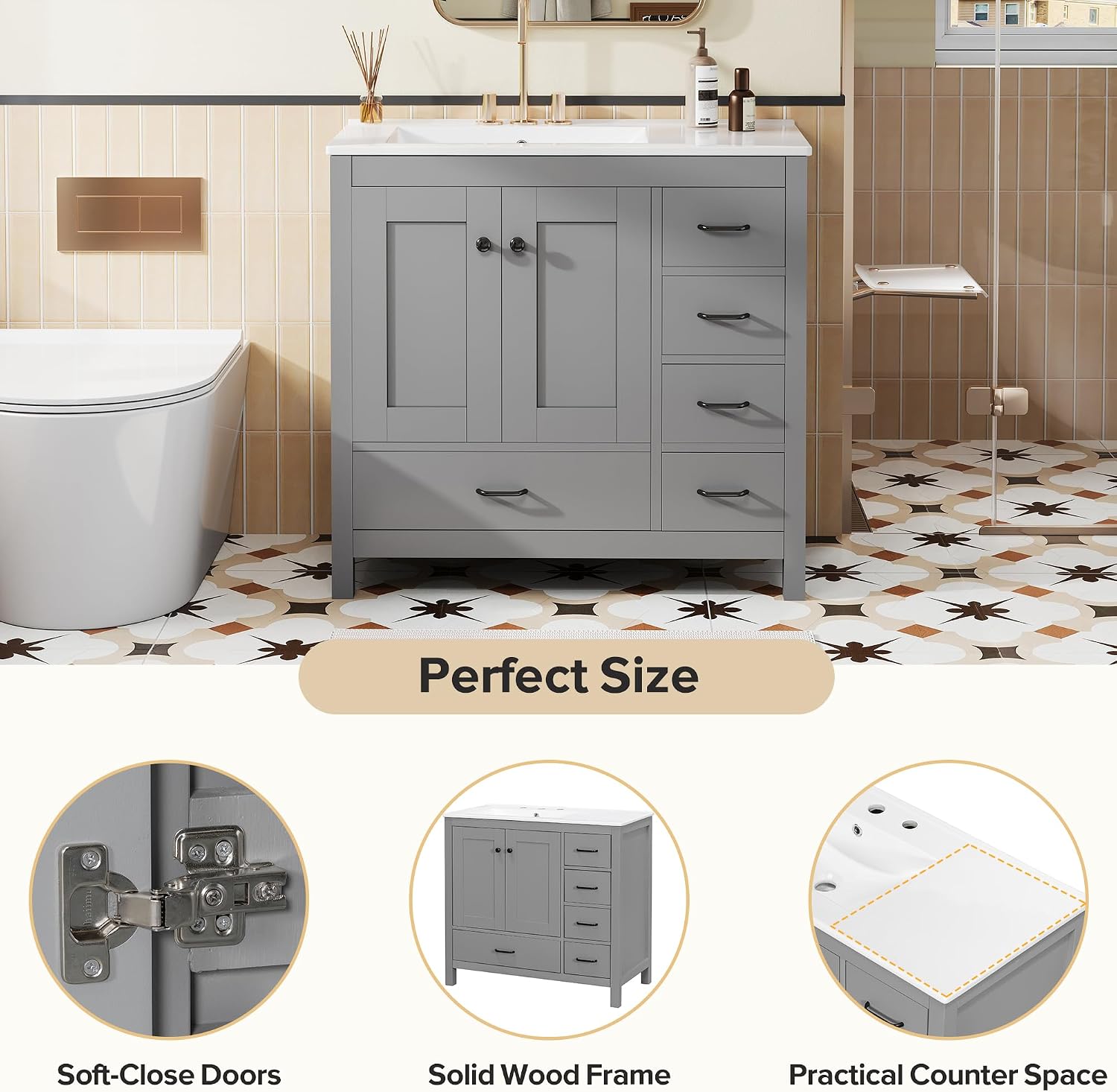 LUMISOL 36 Inch Bathroom Vanity with Sink, Freestanding Bathroom Cabinet with Ceramic Sink, Modern Single Vanity with Soft Close Doors & Drawers for Guest Bath, Master Suite, Rental, Grey