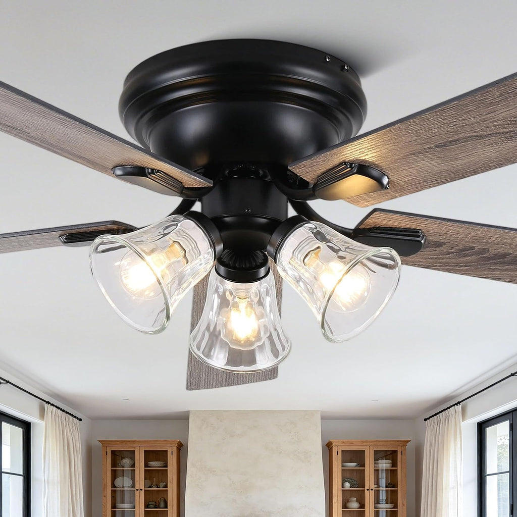 60'' Flush Mount Ceiling Fan with Light and Remote, 5 Reversible Wood Blades,3 Clear Seeded Glass Light Fixtures,6-Speed Quiet DC Motor,Farmhouse Ceiling Fan for Bedroom Living Room Patio