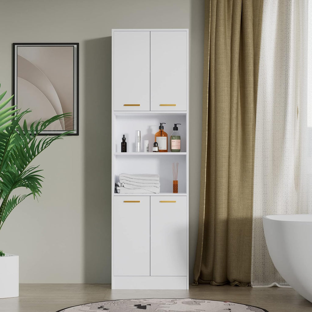 Cozy Castle Kitchen Pantry Cabinet, 75' Tall Wood Storage Cabinet with Doors and Shelves, 4 Doors Open Countertop Utility Hutch Cupboard for Dining Room Living Room Bathroom Furniture, White