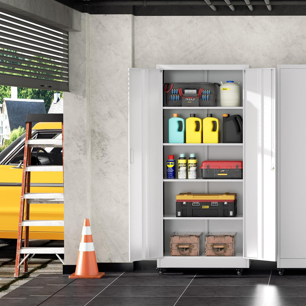 INTERGREAT Metal Storage Cabinet with Wheels, 73' Garage Storage Cabinet with Door and 4 Shelves, Tool Cabinet on Caster for Home, Office, White