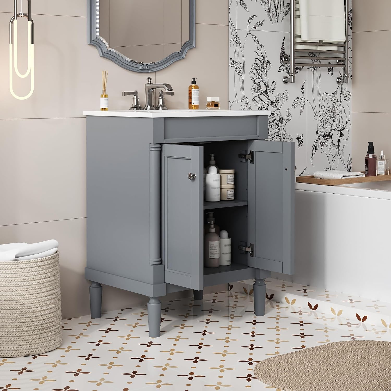 24 Inch Bathroom Vanity with Sink: Modern Gray Storage Cabinet with Ceramic Basin & Soft Close Hinges - Compact Design for Small Bathrooms & Guest Suites with Ample Storage Space & Wood Frame