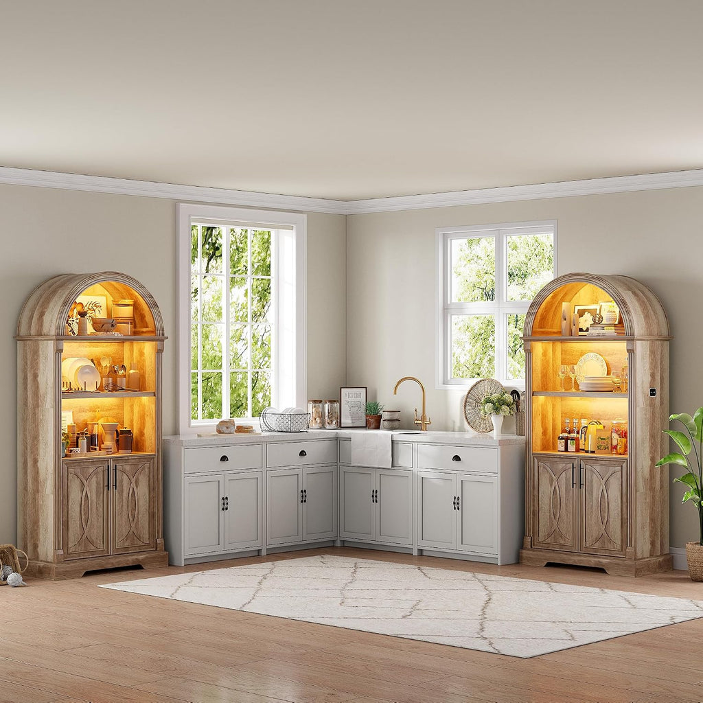 Vlsrka 71' Tall Arched Kitchen Pantry Cabinets, Wood Kitchen Storage Cabinets/Arched Bookshelf/Bookcase,China Cabinet with Open & Adjustable Shelves, Induction LED Light (Brown)