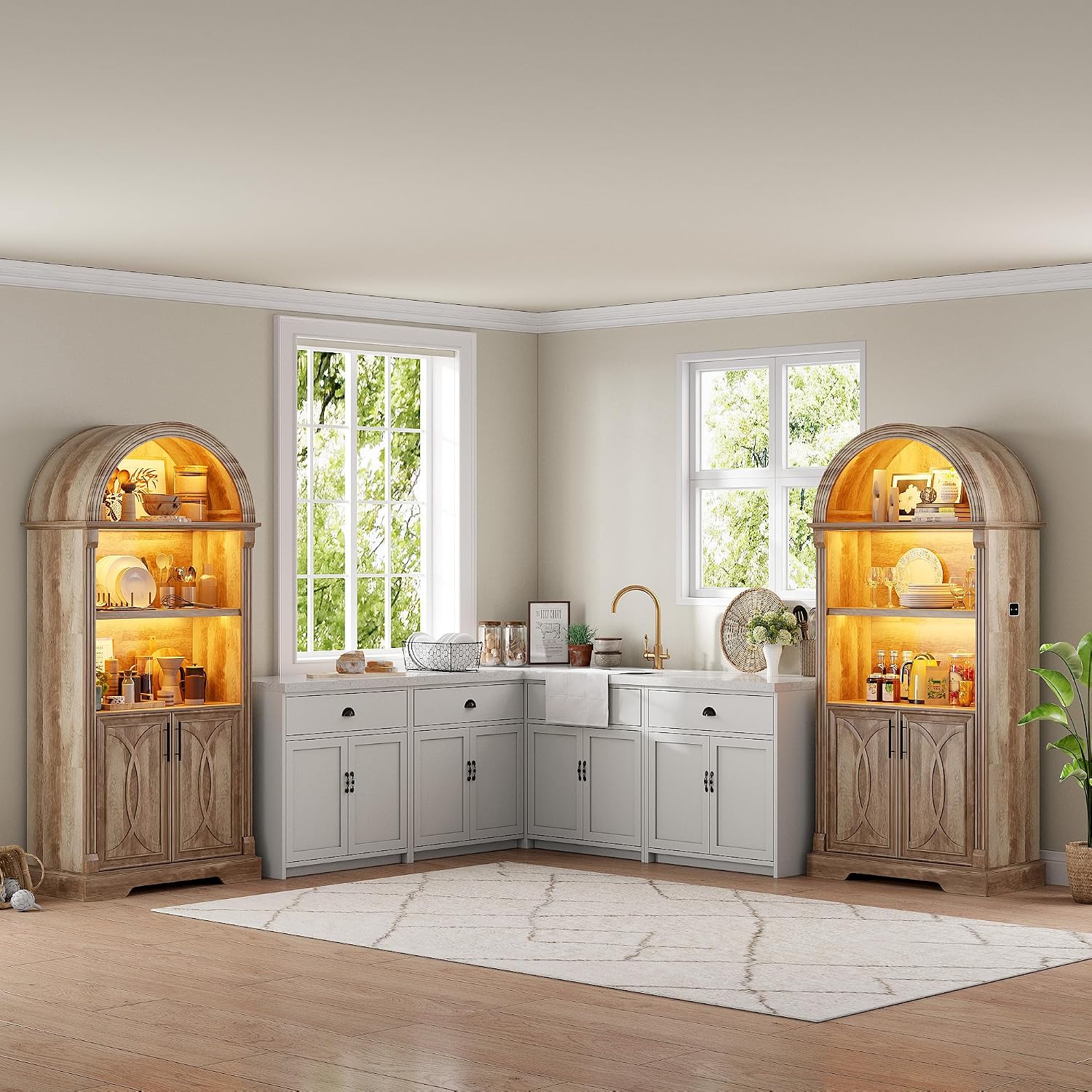 Vlsrka 71' Tall Arched Kitchen Pantry Cabinets, Wood Kitchen Storage Cabinets/Arched Bookshelf/Bookcase,China Cabinet with Open & Adjustable Shelves, Induction LED Light (Brown)