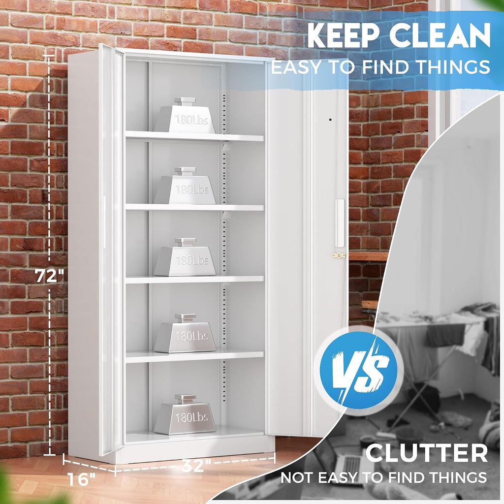 Greenvelly White Metal Storage Cabinet, 72' Steel Locking Cabinet with Doors and 4 Adjustable Shelves, Tall Tool Cabinets Lockable File Cabinet for Home Office, Metal Classroom Cabinet for Garage