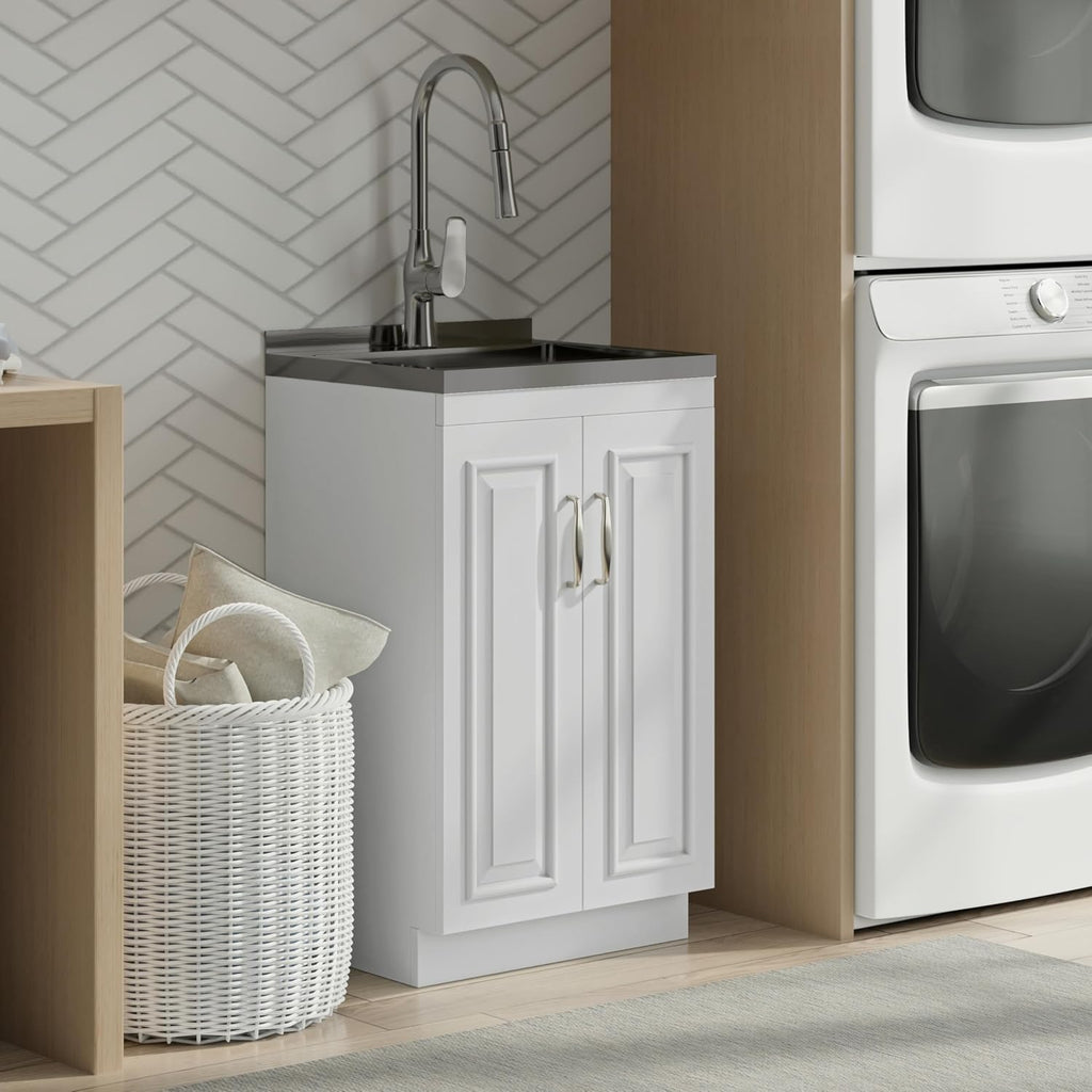 SIMPLIHOME Darwin All-in-One 20 inch Wide Utility Sink and Laundry Cabinet in Pure White Finish, Transitional Stainless Steel Sink Cabinet for Laundry Rooms with High-Arch Chrome Faucet and Storage