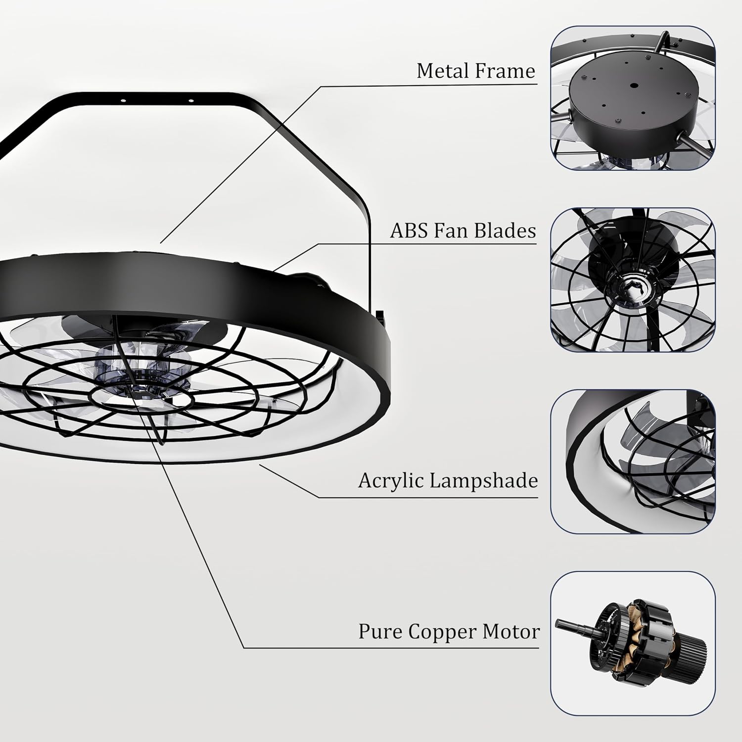 20' Wall Mount Fan with Light | Plug in - 3CCT Dimmable LED, 6-Speed, Smart Remote & APP Control, Ceiling & Wall Mount，Indoor & Outdoor for Patio, Garage, Living Room, Workshop（Metal Frame）
