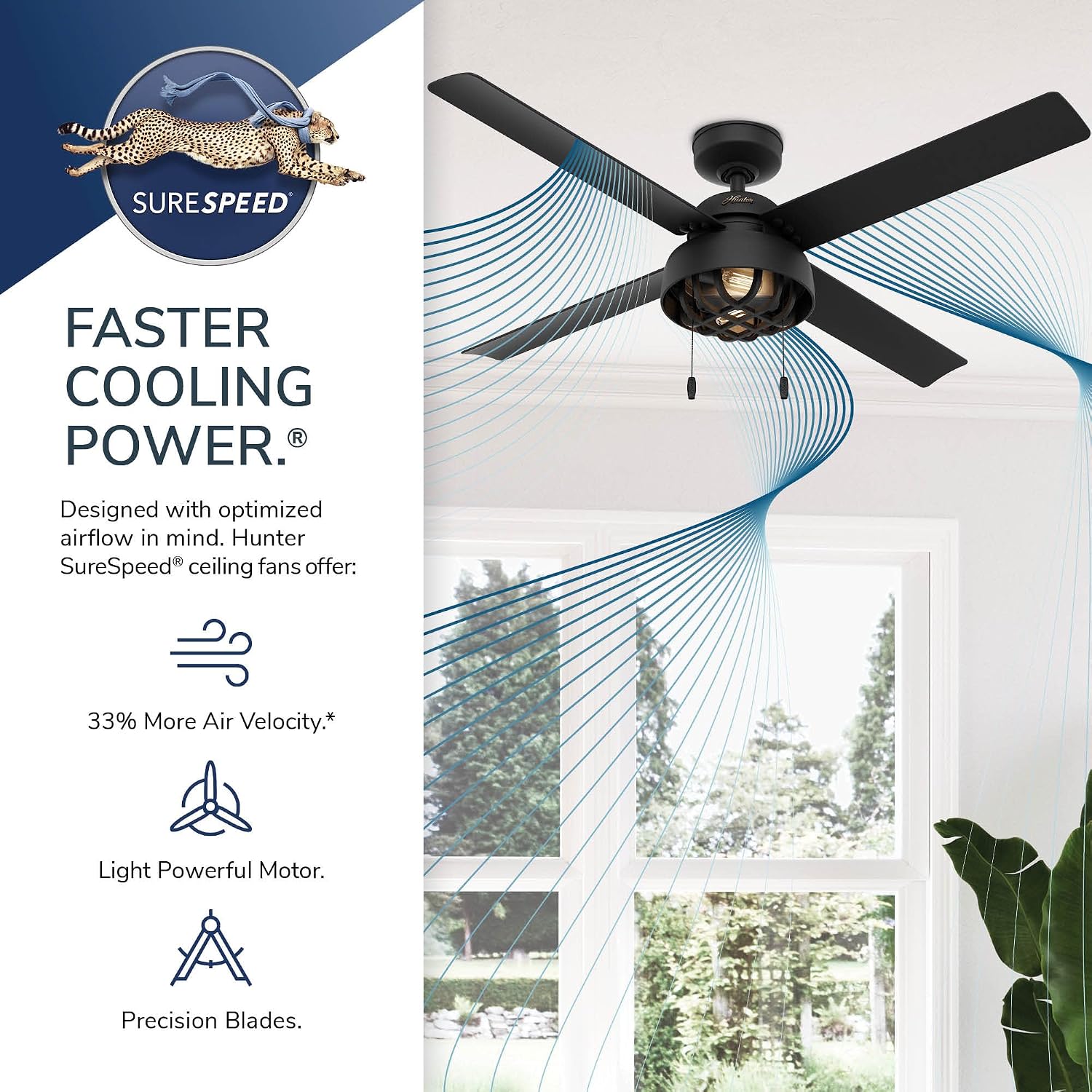 Hunter 52 inch Outdoor or Indoor Ceiling Fan with LED Light and Pull Chain - Black Ceiling Fan, Standard Mount, 4 Blades, For Patio, Porch, Garage, or Living Room - Spring Mill 50336, Matte Black