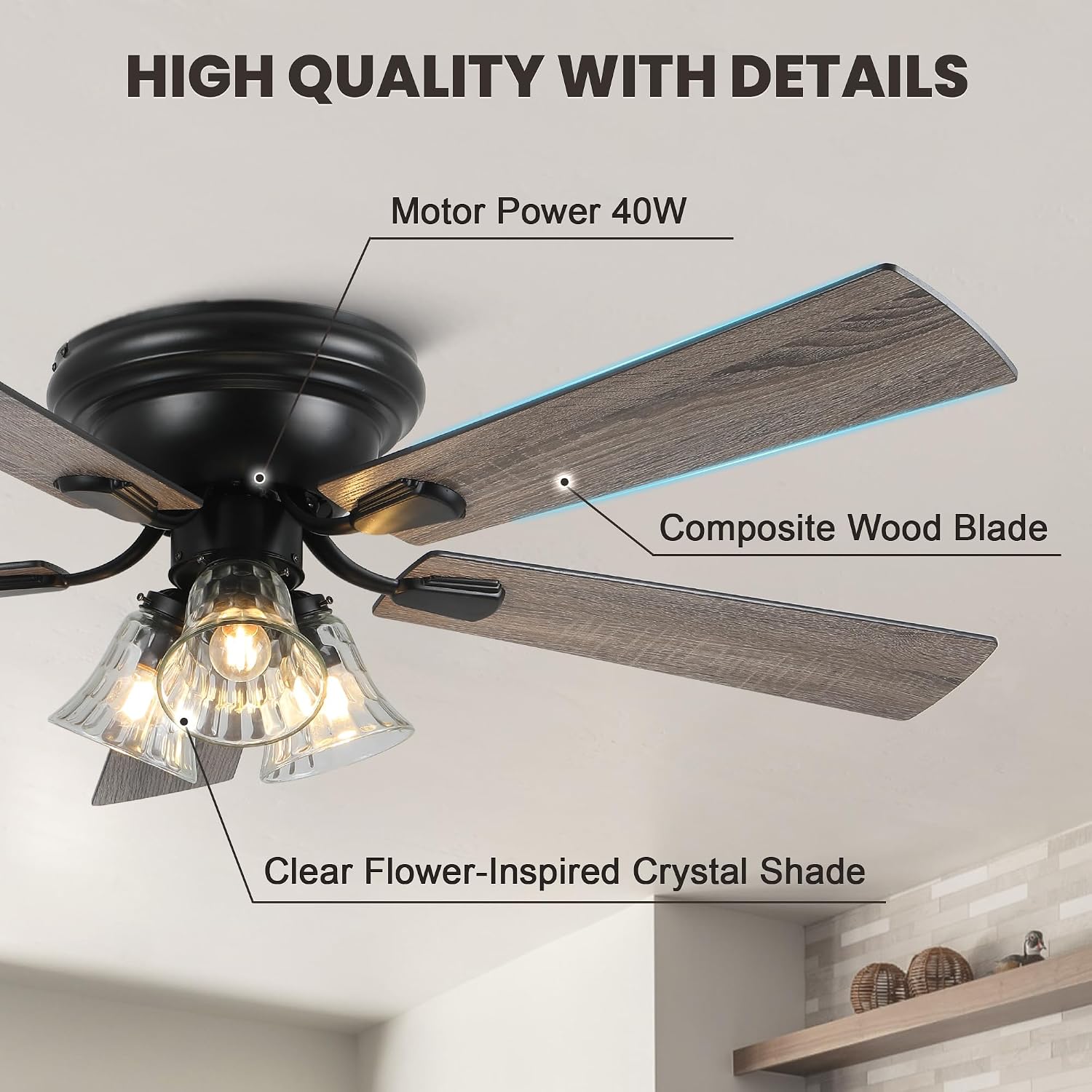 Dawn Whisper 52 Inch Ceiling Fan with Light Flush Mount Classic Vintage Farmhouse Ceiling Fan with 3 E26 Covered Energy Efficient Light Bulbs Base