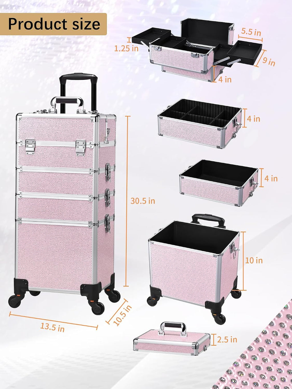 Costravio 5 in 1 Rolling Makeup Case on Wheels Large Cosmetology Case Organizer Beauty Cosmetic Train Case Travel Nail Cart for Make-up Studio Hair Salon, Pink Rhinestone