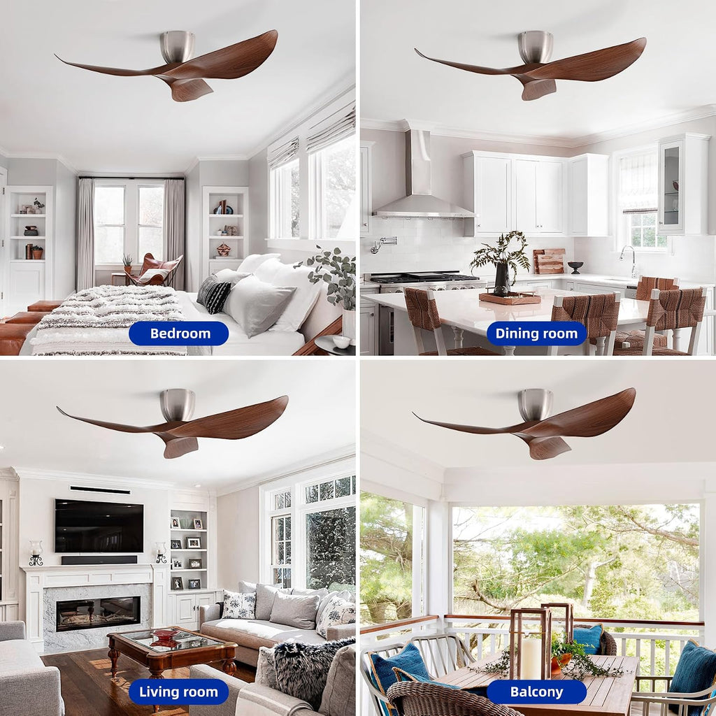 52' Walnut Color Flush Mount Ceiling Fan with Remote, No Light | Modern Low-Profile, Heat Resistant ABS Blades, 6-Speed Reversible Quiet DC Motor for Balcony, Living Room, Bedroom