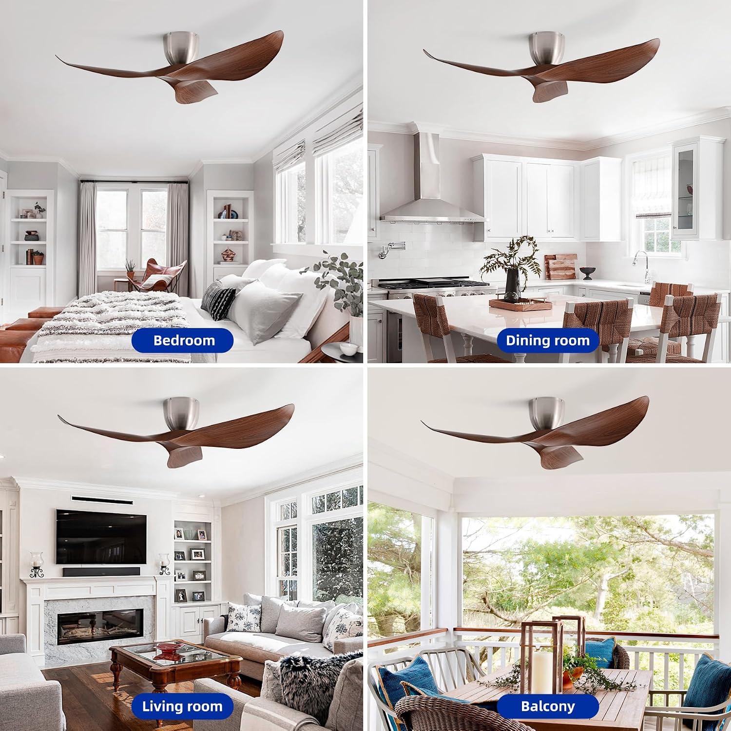 52' Walnut Color Flush Mount Ceiling Fan with Remote, No Light | Modern Low-Profile, Heat Resistant ABS Blades, 6-Speed Reversible Quiet DC Motor for Balcony, Living Room, Bedroom