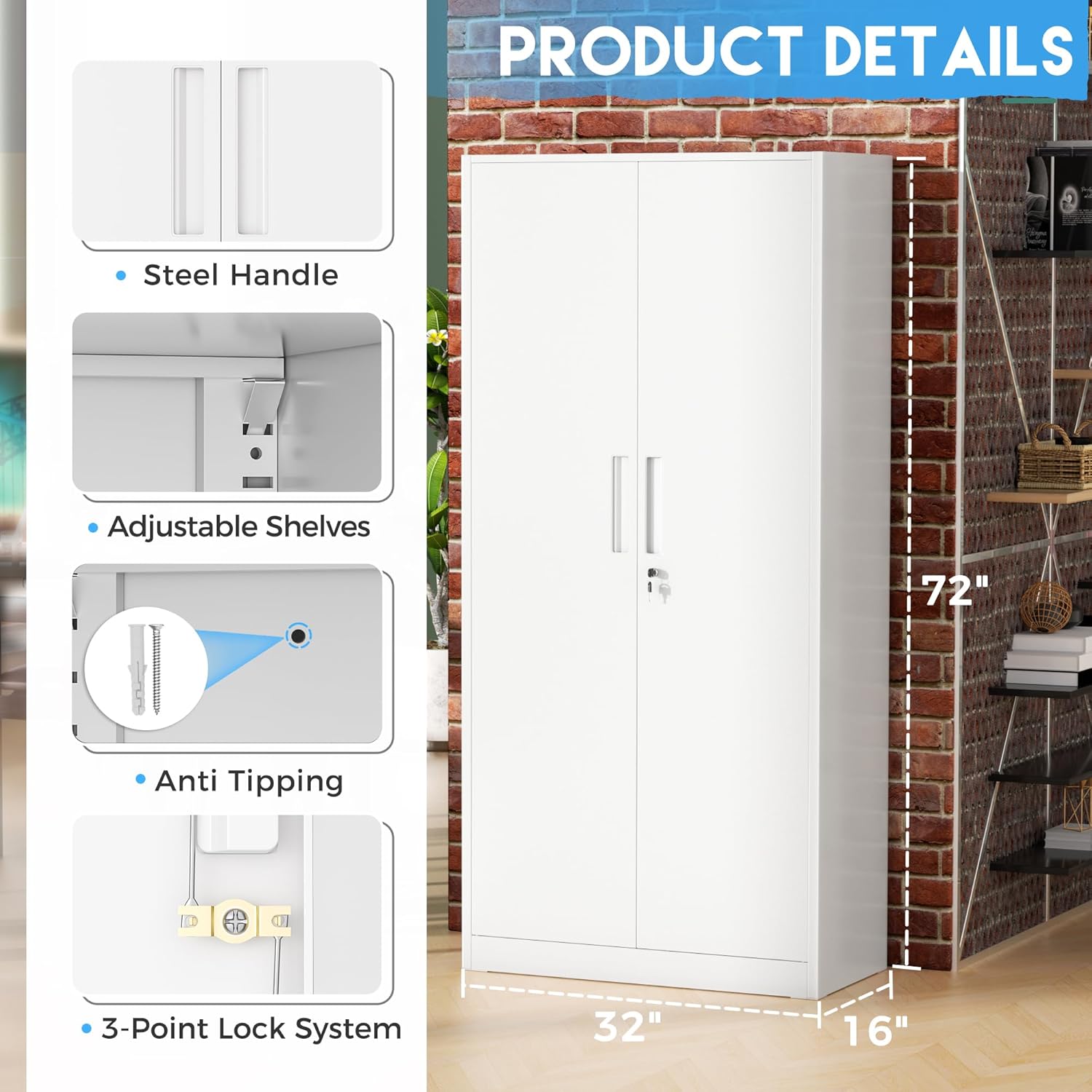 Greenvelly White Metal Storage Cabinet, 72' Steel Locking Cabinet with Doors and 4 Adjustable Shelves, Tall Tool Cabinets Lockable File Cabinet for Home Office, Metal Classroom Cabinet for Garage