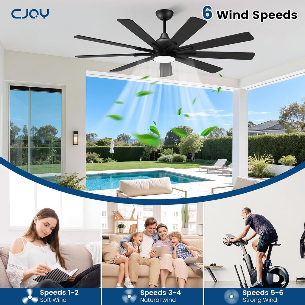 62 Inch Ceiling Fan with Light，Indoor/Outdoor Black Large Ceiling Fans with Lights and Remote for Kitchen Living Room Patio, 9 Blade Reversible Quiet DC Motor,6 Speeds,3 CCT(Dual Finish )