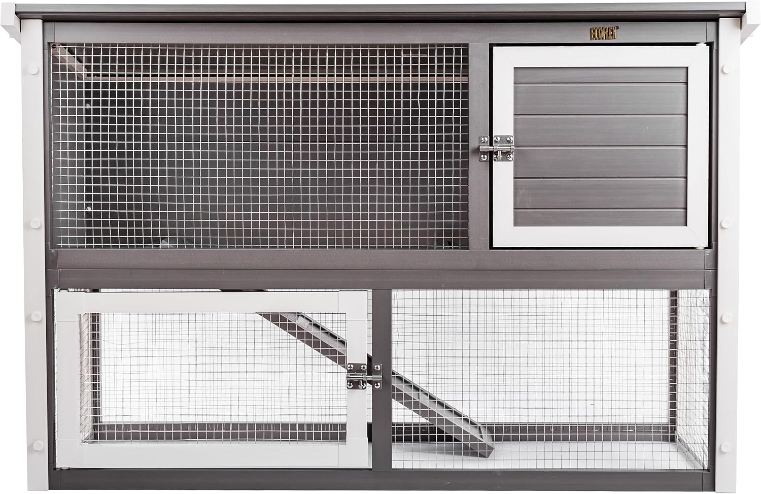 New Age Pet ECOFLEX Columbia Rabbit Hutch - Grey, Dual-Level with Denning Space, Easy Assembly, Moisture & Odor Resistant