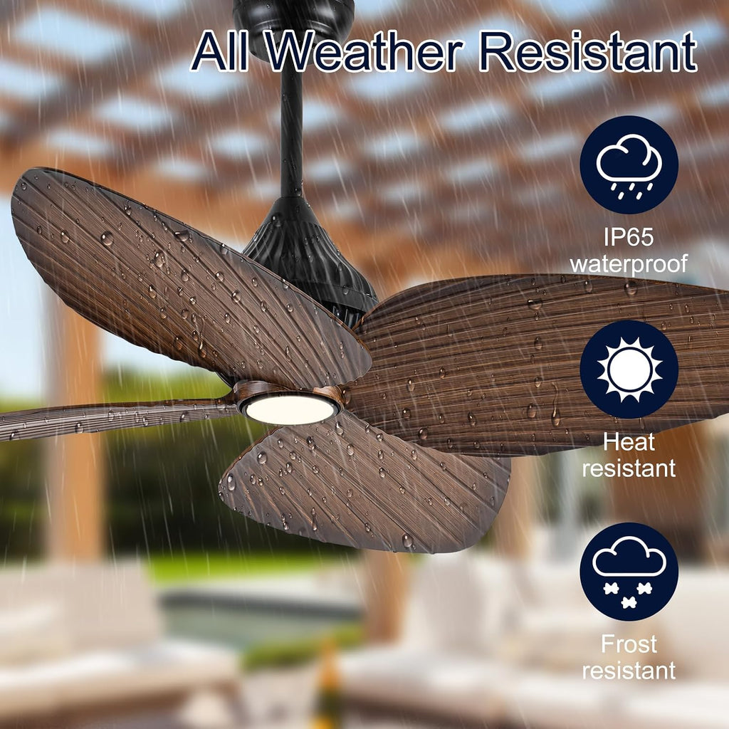 Outdoor Ceiling Fans For Patios With Light Waterproof, 52 Inch Tropical Ceiling Fan, 4 Palm Leaf Blades With Remote For Wet Rated Outside Exterior Porch, Pergola, Gazebo, Island, Black