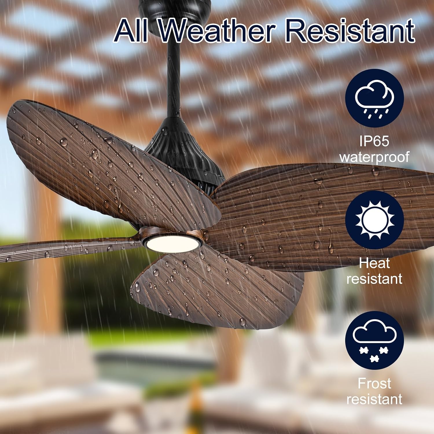 Outdoor Ceiling Fans For Patios With Light Waterproof, 52 Inch Tropical Ceiling Fan, 4 Palm Leaf Blades With Remote For Wet Rated Outside Exterior Porch, Pergola, Gazebo, Island, Black