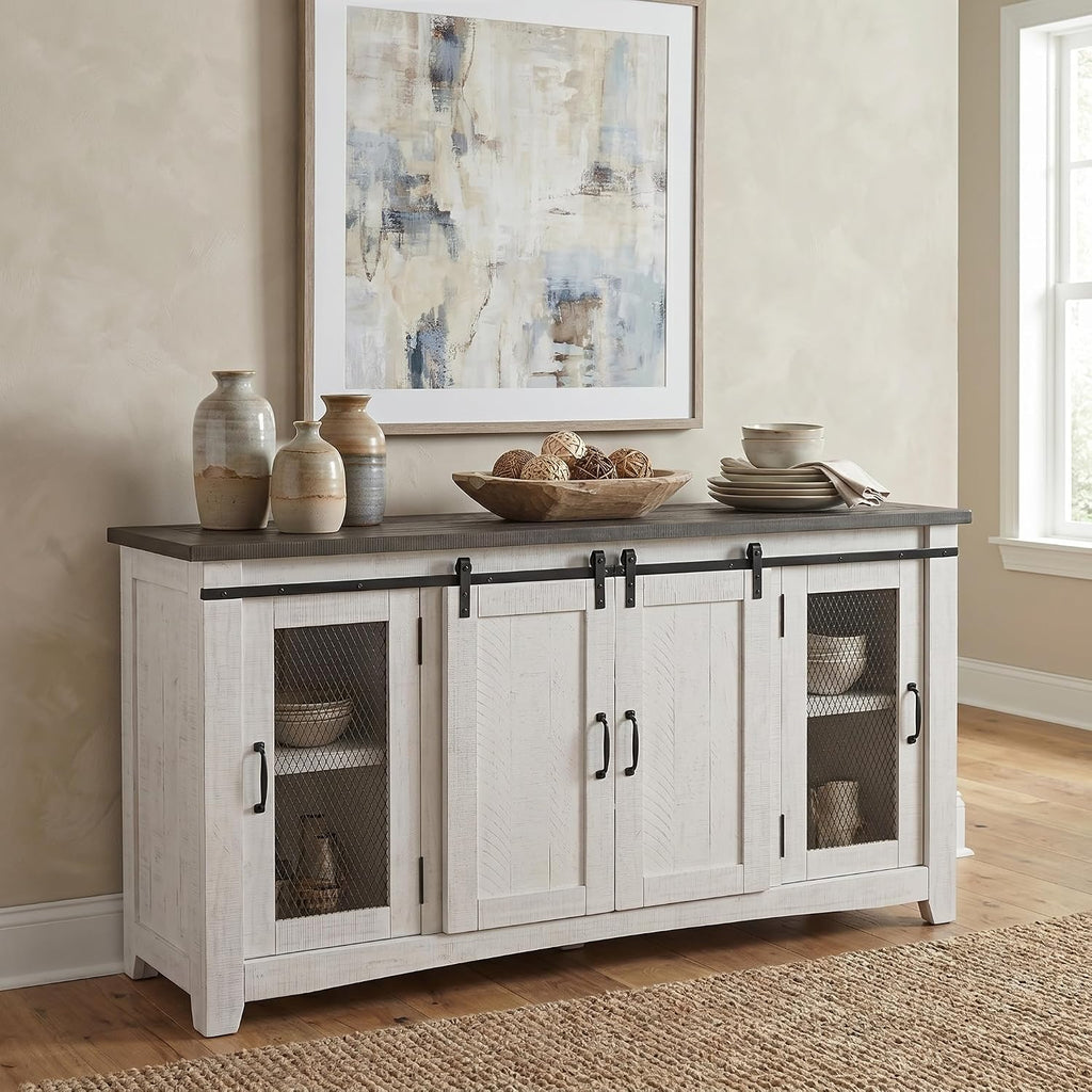 Martin Svensson Home 65' Solid Pine Wood Entertainment Center with Storage. Rustic TV Stand for TVs up to 70.' Sliding Doors, Adjustable Shelves & Cable Management – White and Grey Finish