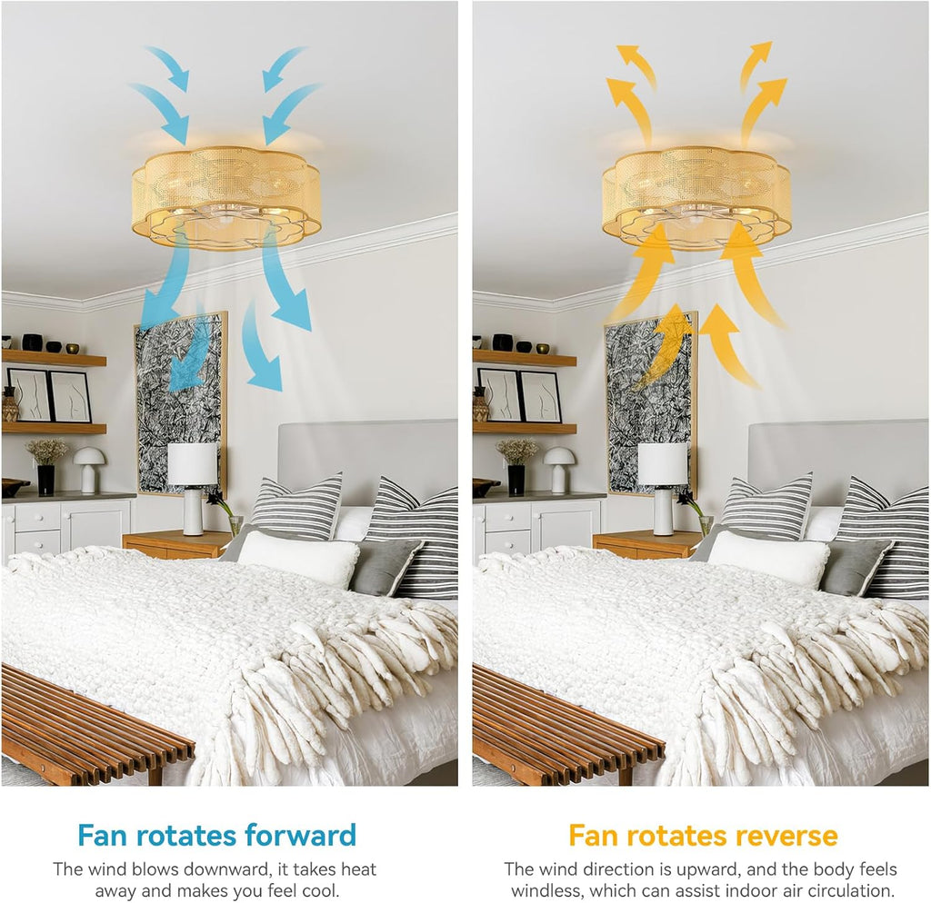 20' Low Profile Ceiling Fan with Light, Caged Flush Mount Ceiling Fan with Light Remote Control, Boho Bladeless with 6 Speeds for Bedroom, Nursery, Living Room.