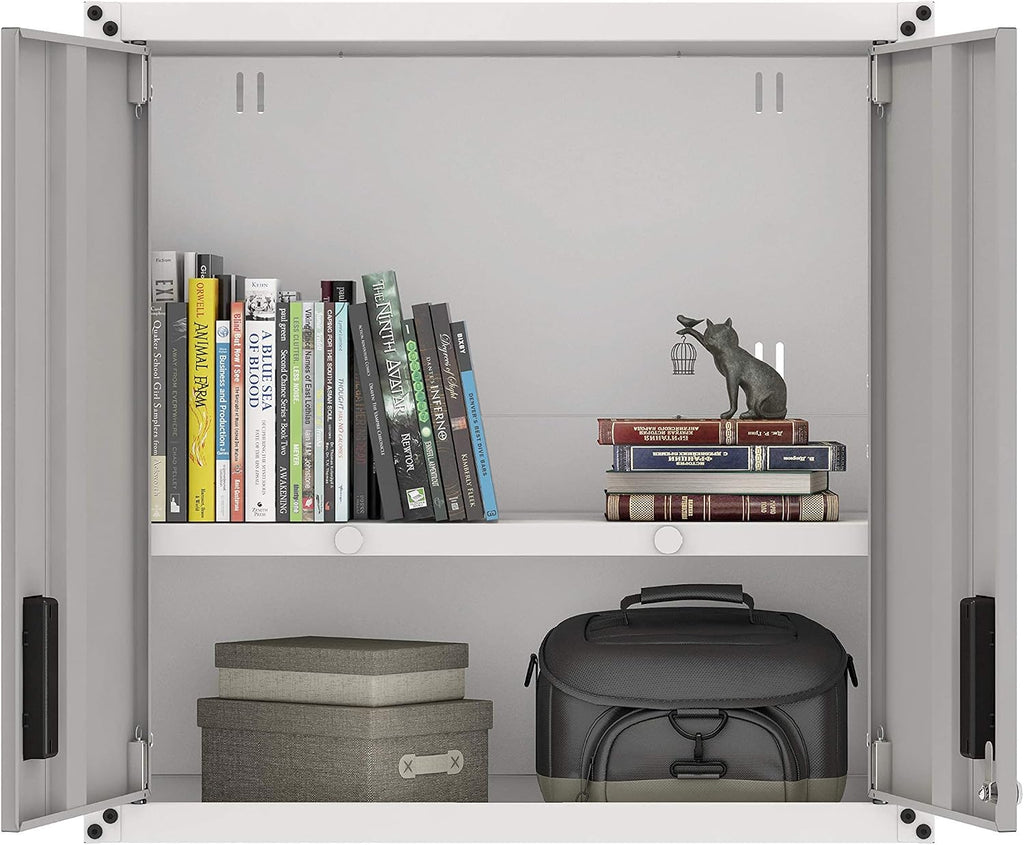 Floating Garage Storage Cabinet - Heavy-Duty Wall Mount Steel Cabinet, Lockable 2-Door Design, Removable Shelf, 44 lbs Capacity, Ready-to-Assemble Metal Garage Organizer (White and Grey)