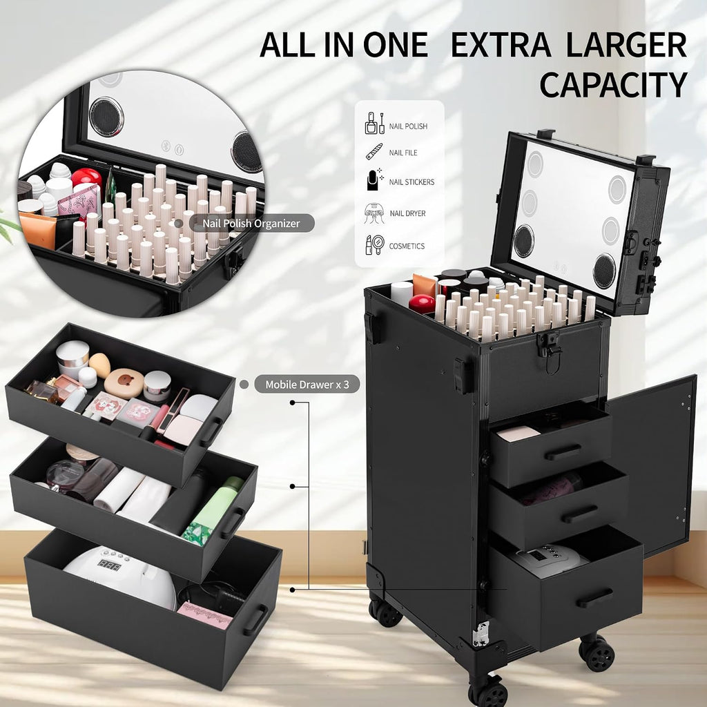 Portable Manicure Table 3 Drawers, Rolling Lockable Makeup Train Case with Blueteeth Speaker and Nail Polish Organizer, Foldable Nail Desk with Mirror & TSA Lock for Nail Tech and Salon Use