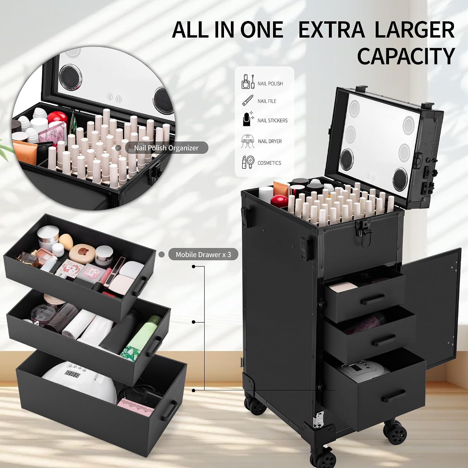 Portable Manicure Table 3 Drawers, Rolling Lockable Makeup Train Case with Blueteeth Speaker and Nail Polish Organizer, Foldable Nail Desk with Mirror & TSA Lock for Nail Tech and Salon Use