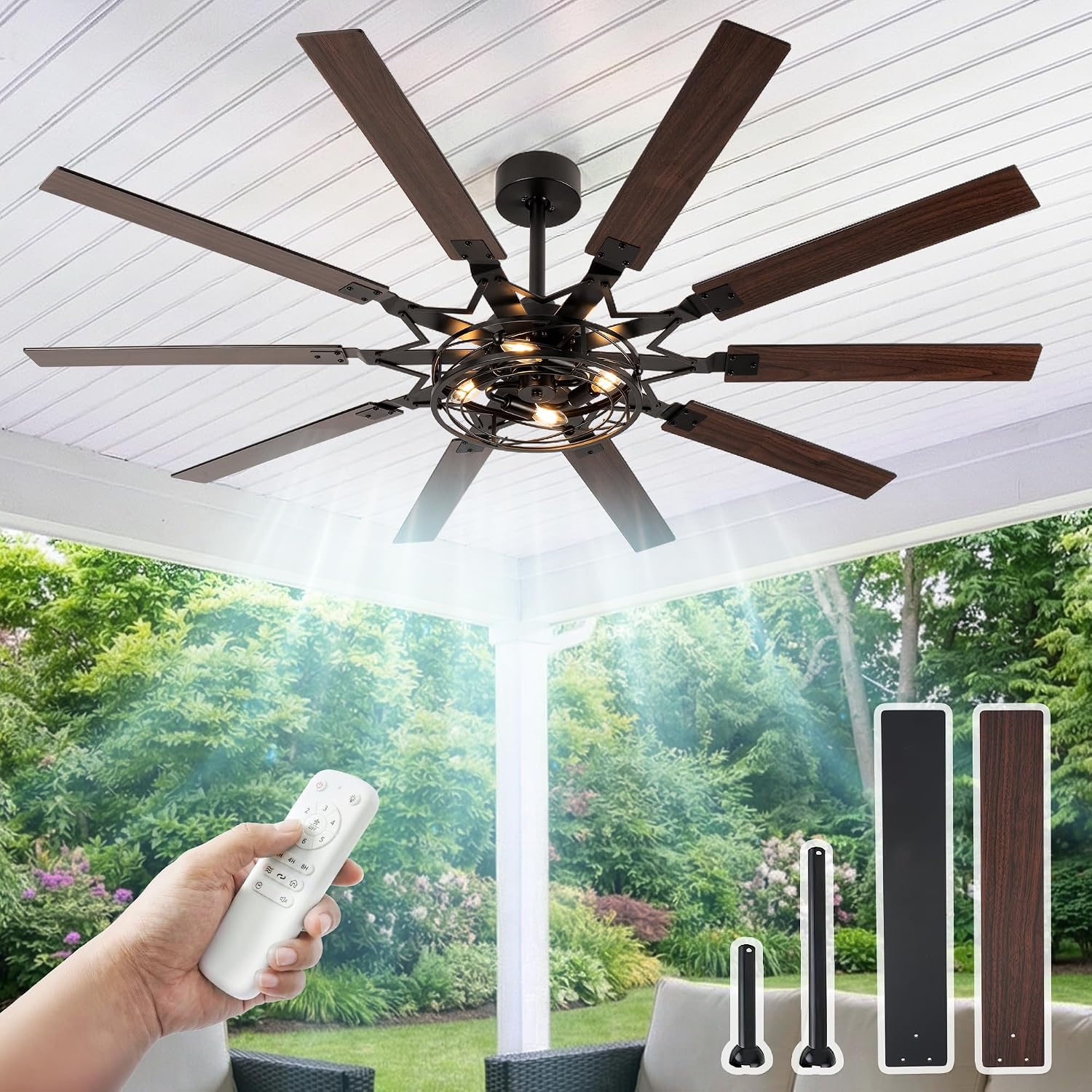65 Inch Ceiling Fans with Lights, Farmhouse Ceiling Fan with Remote Rustic Caged Industrial Design, Dual Finish 10 Blades Black Ceiling Fans with Quiet Reversible Motor for Living Room Bedroom Patio