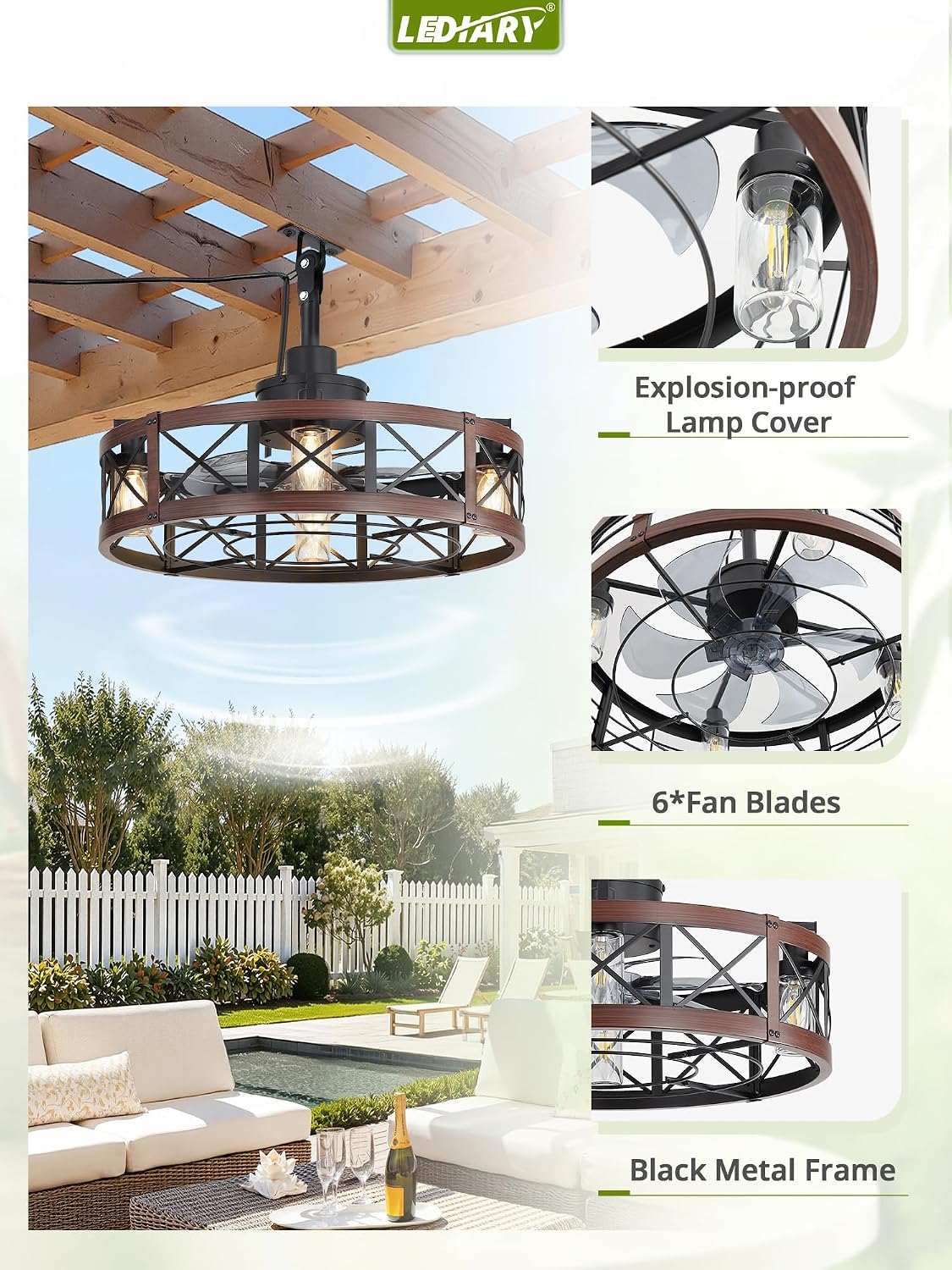 LEDIARY Outdoor Ceiling Fan with Lights for Patios- 22' Waterproof Plug in Gazebo Fan with Remote Control&Timer, 6-Speed Reversible Motor, Hanging Caged Ceiling Fan for Porch, Pergola, Walnut