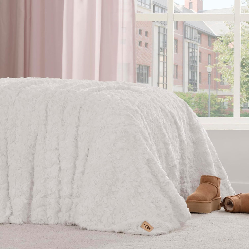 UGG Adalee Faux Fur Twin Blanket for Bed, Soft Blanket or Warm Large Throw for Couch, Washable Twin XL Bedding, Luxury Bedroom Decor, 66' x 90', Natural White