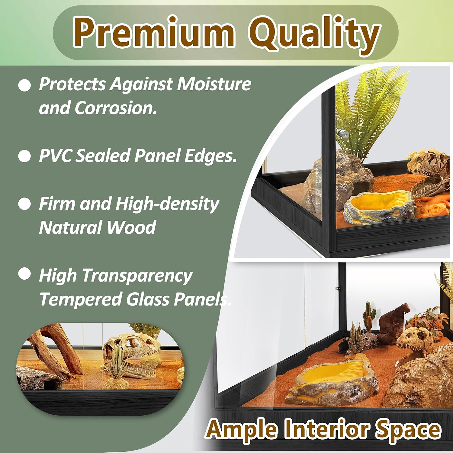 PROLEE Bearded Dragon Tank 34 Gallon, Tempered Glass Reptile Tank with Meatl Mesh Roof and Front Sliding Door, Anti-Scratch Lizard Tank, Spacious Reptile Enclosure for Snakes,Lguanas (Black)