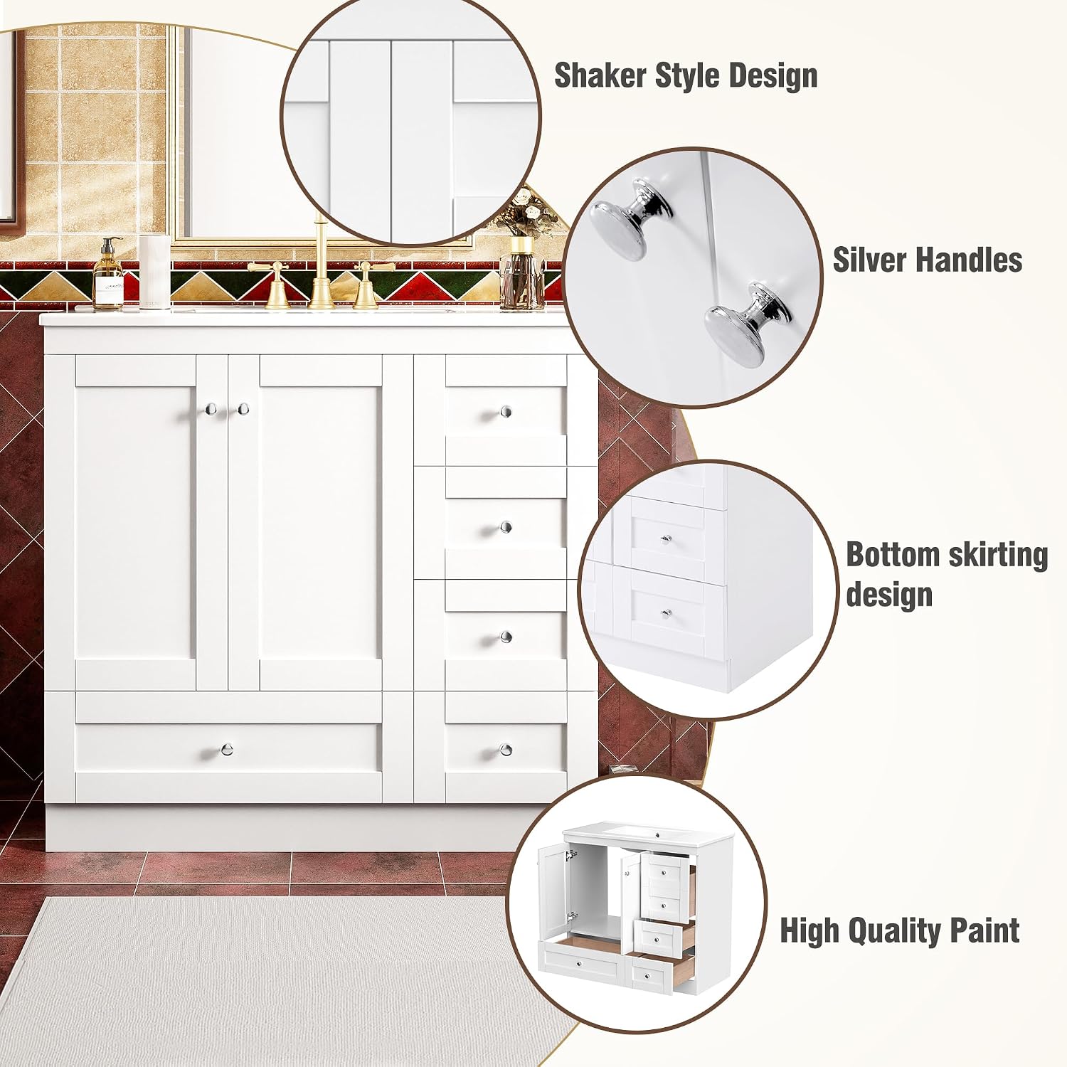 LUMISOL 36'' Bathroom Vanity with Sink, Freestanding Single Vanity with Ceramic Sink, Modern Bathroom Storage Cabinet with Soft Close Doors & Drawers for Guest Bath, Master Suite, Rental, White