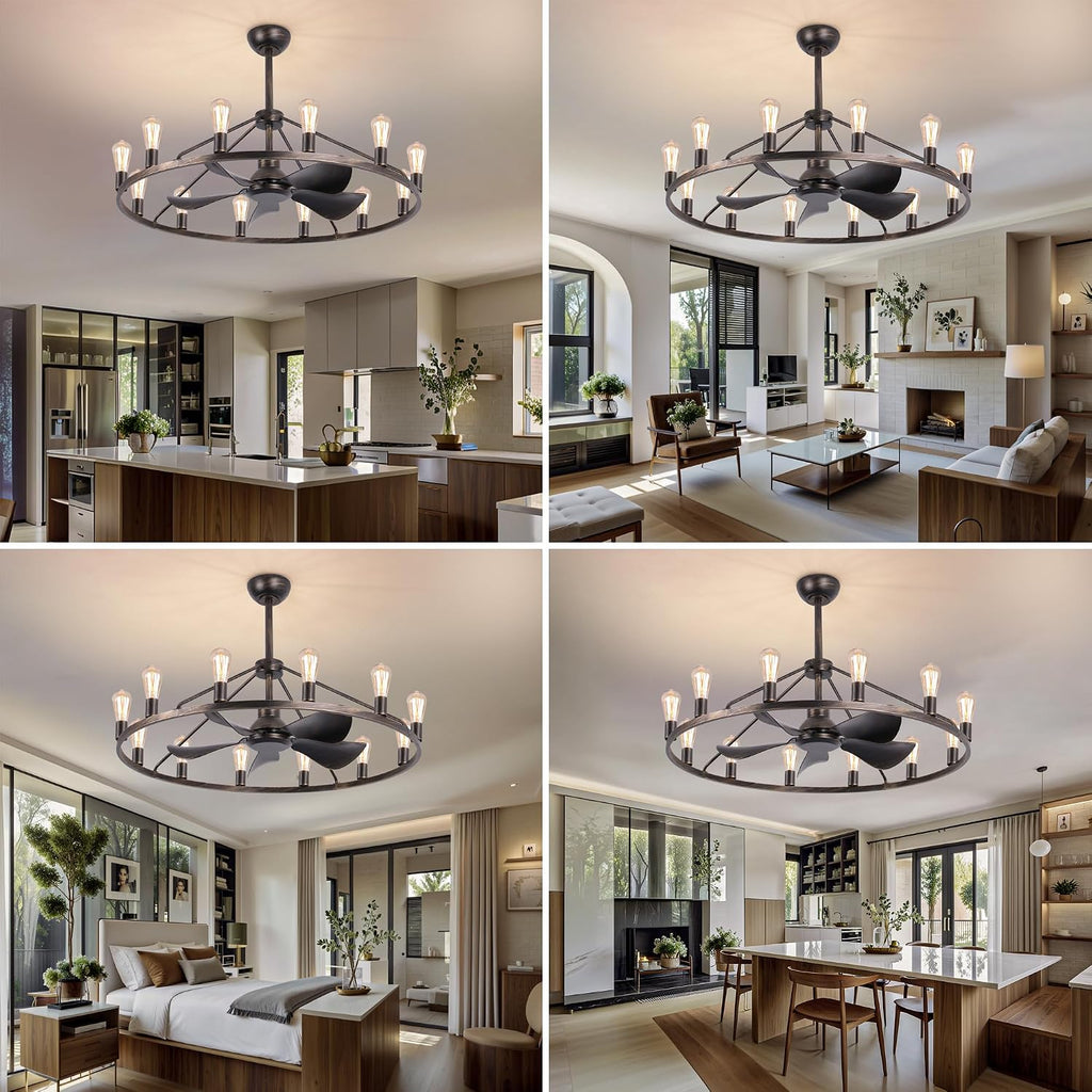 Miuyhji Farmhouse Ceiling Fan with Lights and Remote,Bronze Fandelier,Wagon Wheel Chandelier with Fan,44 Inch Rustic Fans for 20x25' Large Room