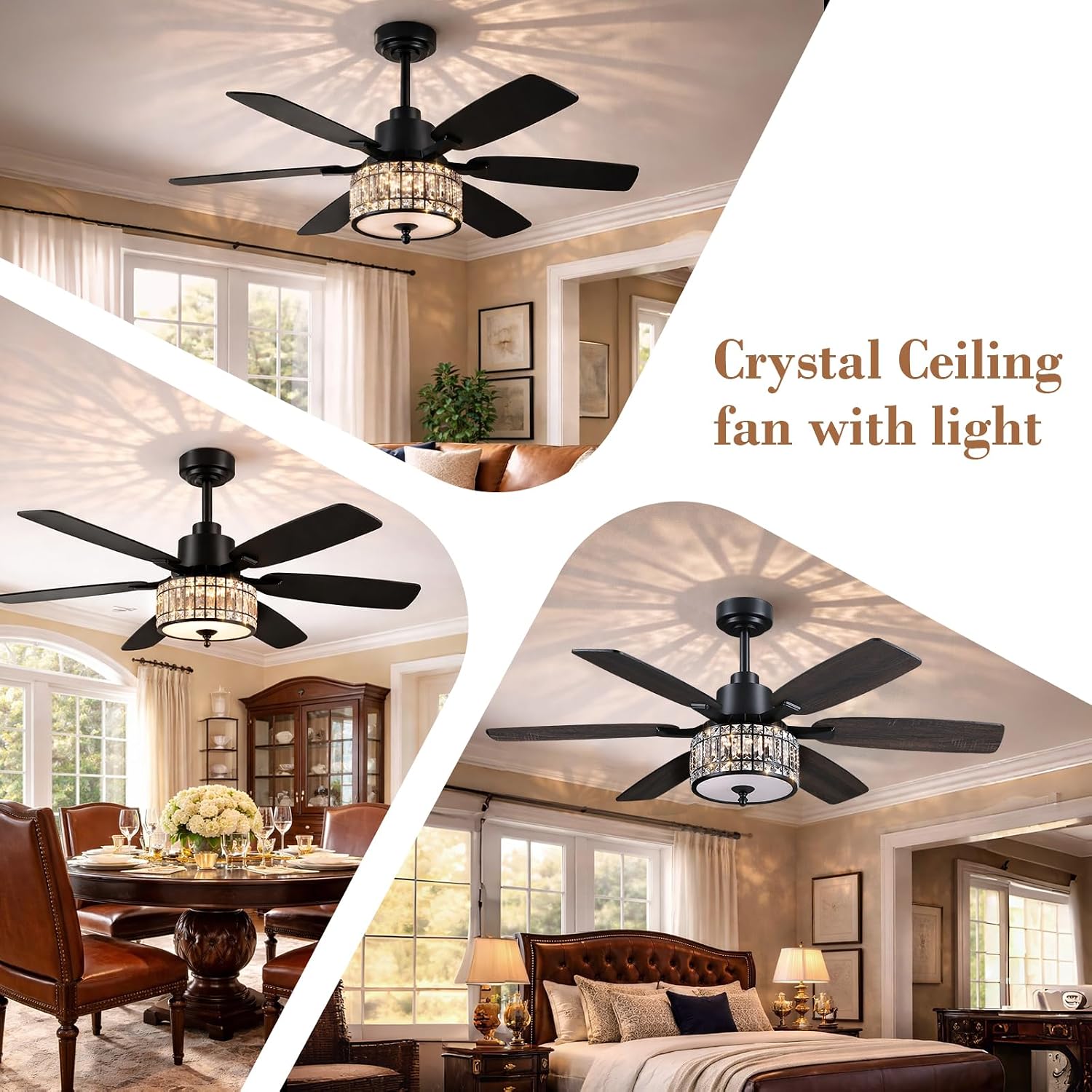 Kviflon 52 Inch Crystal Ceiling Fan with Lights and Remote/APP Control, Black Fandelier Ceiling Fan with Light, Modern Chandelier Ceiling Fan for Bedroom Living Room, Quiet DC Motor, Dimmable LED