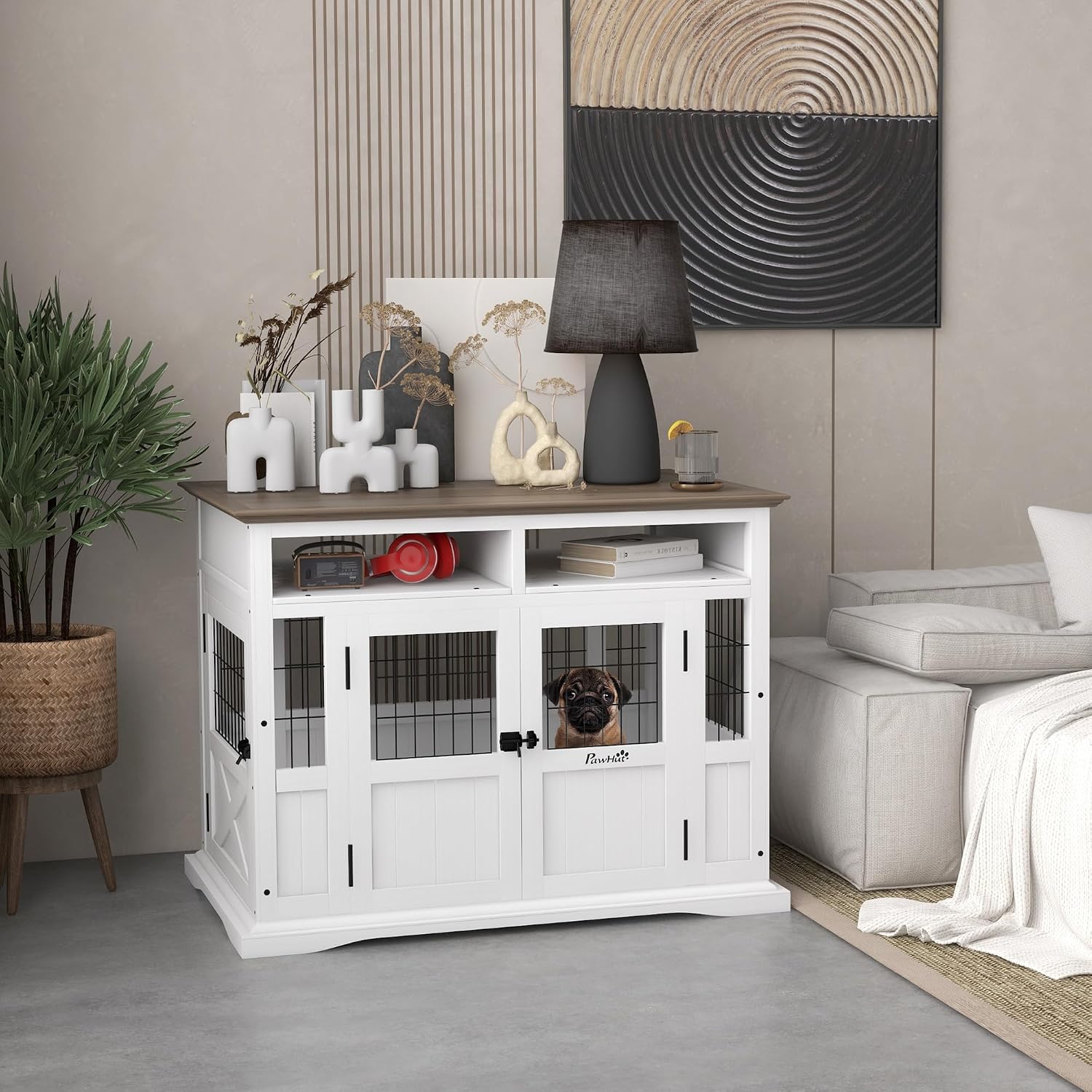 PawHut Dog Crate Furniture Side End Table with Storage, 41' Modern Wooden Dog Kennel Furniture with Double Doors for Small and Medium Dogs, White