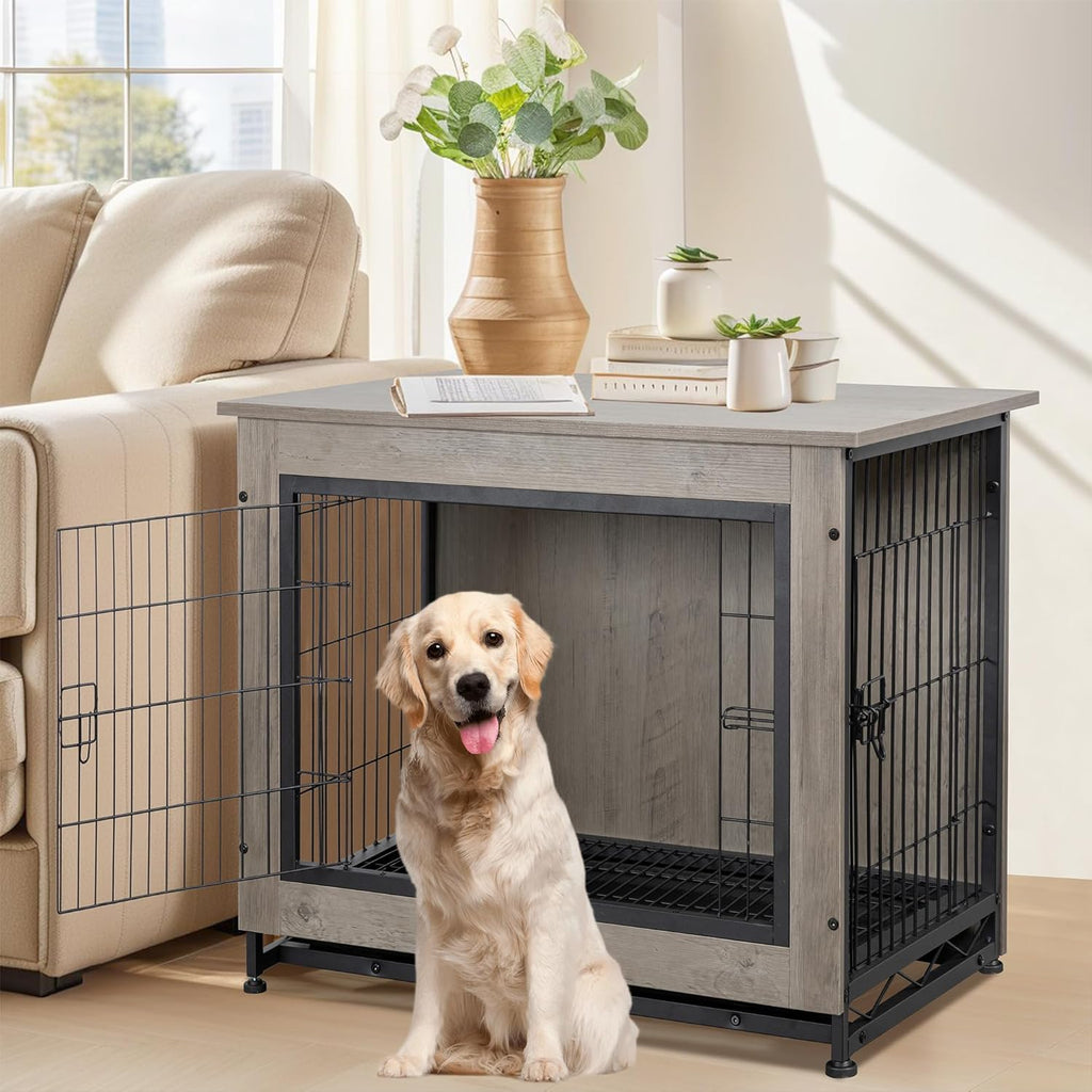 Shintenchi Wooden Dog Crate Furniture for Large Breed, L Double-Door Kennel Indoor with Removable Tray, End Table L Dog Crate for Decoration, 44.1' L, Gray