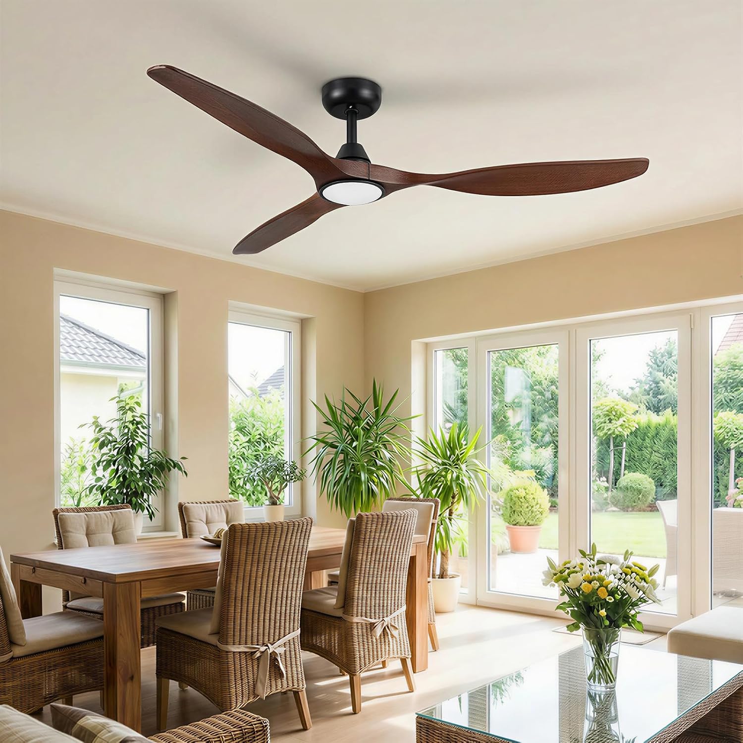 Skylike 52' Wood Outdoor Ceiling Fan with Lights, Propeller Farmhouse Ceiling Fan and Remote Control, 3 Blade Dark Walnut Ceiling Fan for Patio,Porch, Gazebo, Bedroom