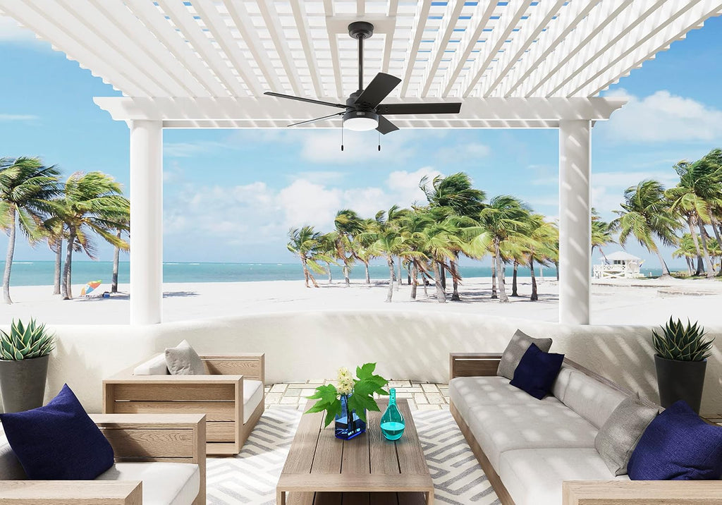 Hunter 52 inch Outdoor or Indoor Ceiling Fan with LED Light and Pull Chain - Black Ceiling Fan, Standard Mount, 5 Blades, For Patio, Porch, Garage, or Living Room - Sea Point 51681, Matte Black