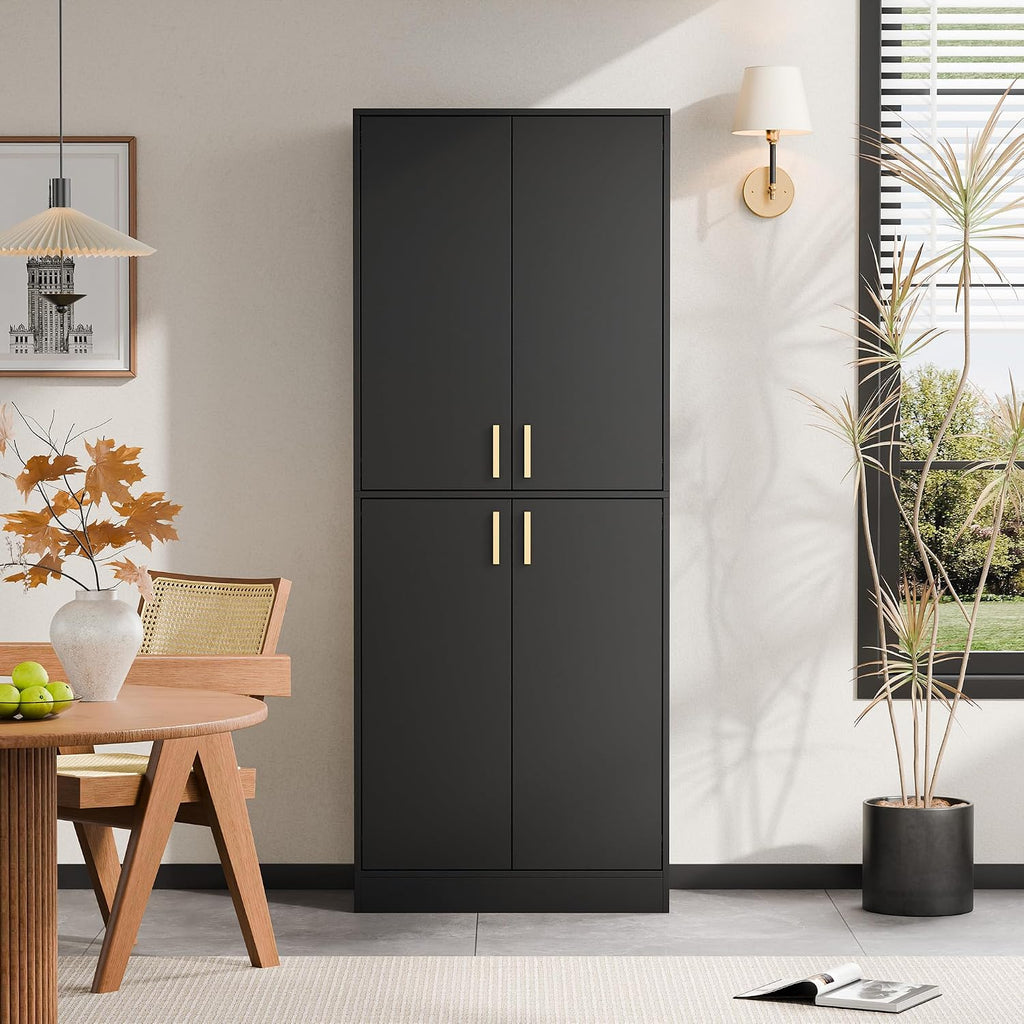 Cozy Castle Kitchen Pantry Cabinet, 71' Tall Wood Storage Cabinet with Doors and Shelves 4 Doors Freestanding Cupboard for Dining Room Living Room Furniture, Black | Wood Storage Cabinet
