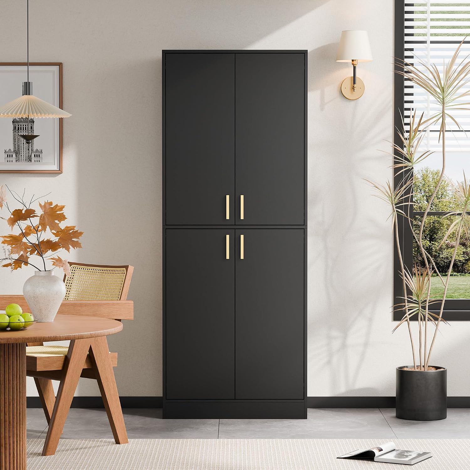 Cozy Castle Kitchen Pantry Cabinet, 71' Tall Wood Storage Cabinet with Doors and Shelves 4 Doors Freestanding Cupboard for Dining Room Living Room Furniture, Black | Wood Storage Cabinet