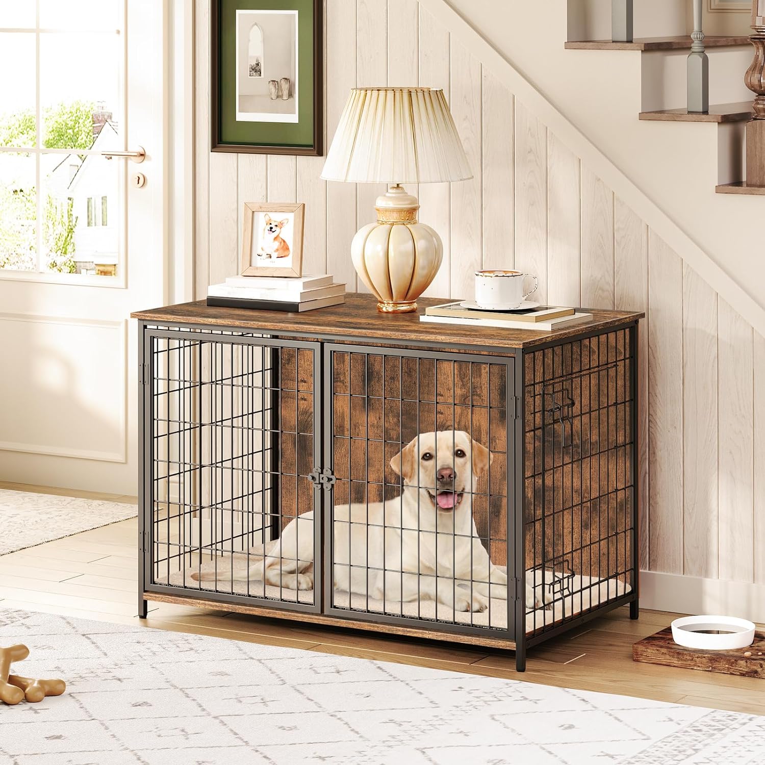 MAHANCRIS Dog Crate Furniture with Cushion, Wooden Dog Kennel with Double Doors, Heavy Duty Dog Cage for Small/Medium/Large Dogs, Indoor Dog House End Table, 39.4' L, Rustic Brown DCHR10701