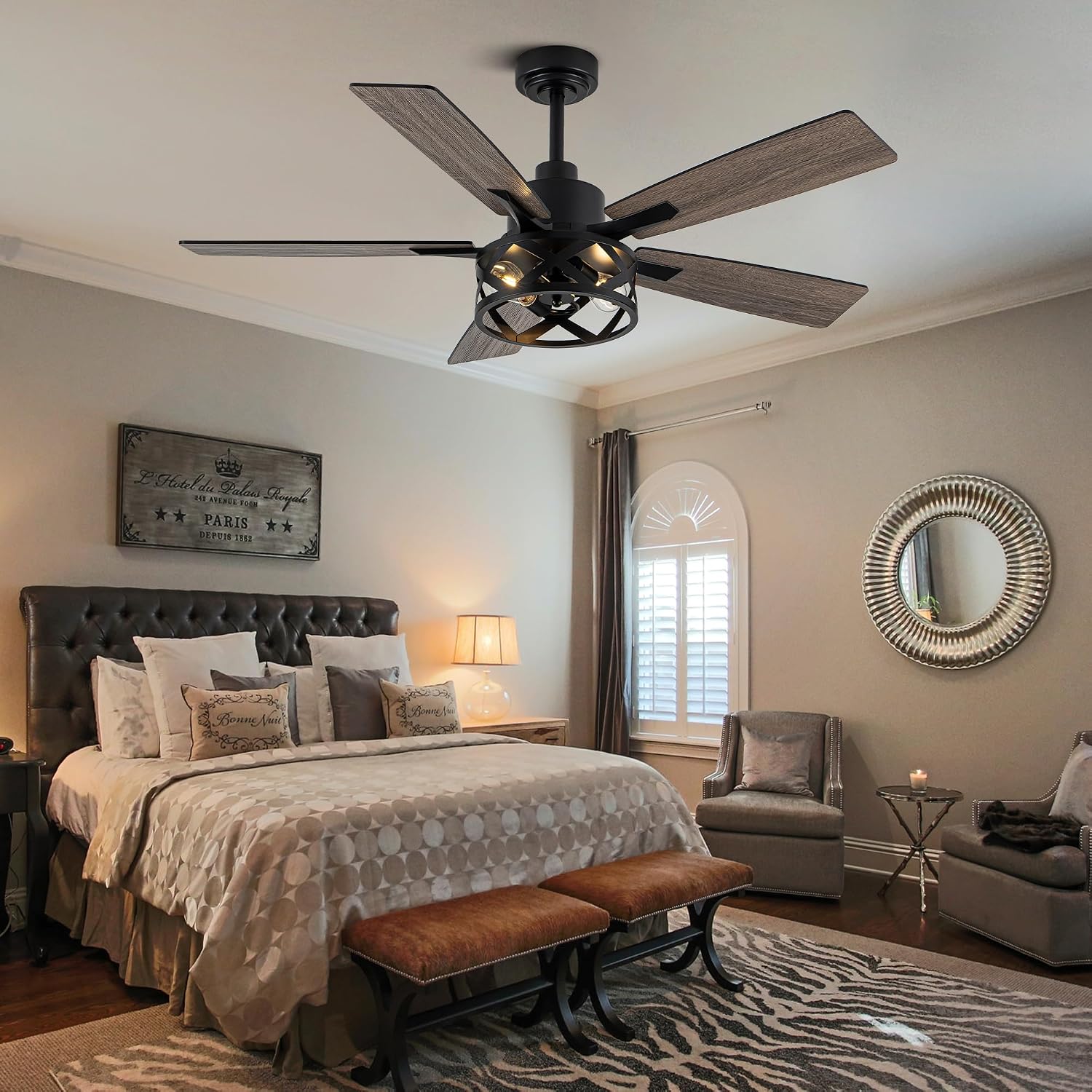 52' Farmhouse Ceiling Fan with Lights and Remote,Ceiling Fan with Rustic Caged Light Fixture,Reversible DC Motor,5 Double Finish Wood Blades for Patio, Living Room, Dining Room,Bedroom