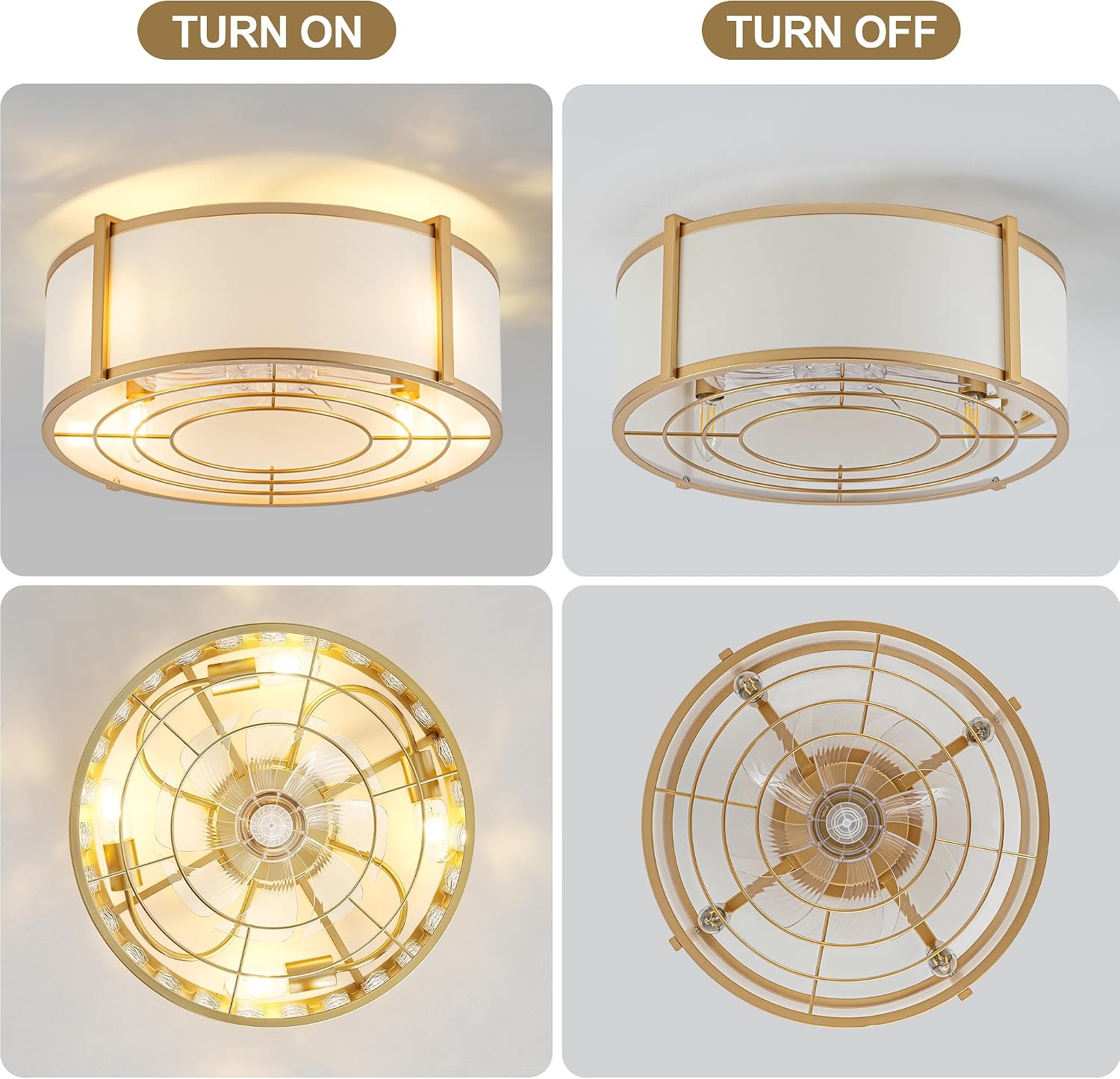 Gold Fandelier Ceiling Fan with Light,Boho Chandelier Caged Ceiling Fan with Light,Mid-Century E26 App Remote Low Profile for Bedroom Living Room (Gold-1)