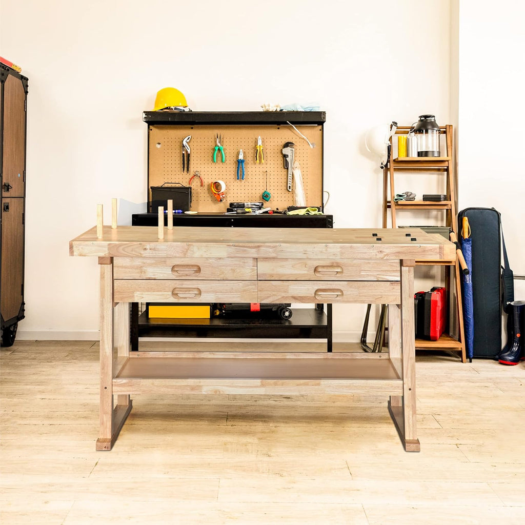 Olympia Tools 64.5' Rubber Hardwood Workbench with 4-Drawers & Clamp, 450 lb Capacity – Heavy-Duty Woodworking Storage, Tools Organizer, and Craftsman Standing Station Table for Workshop